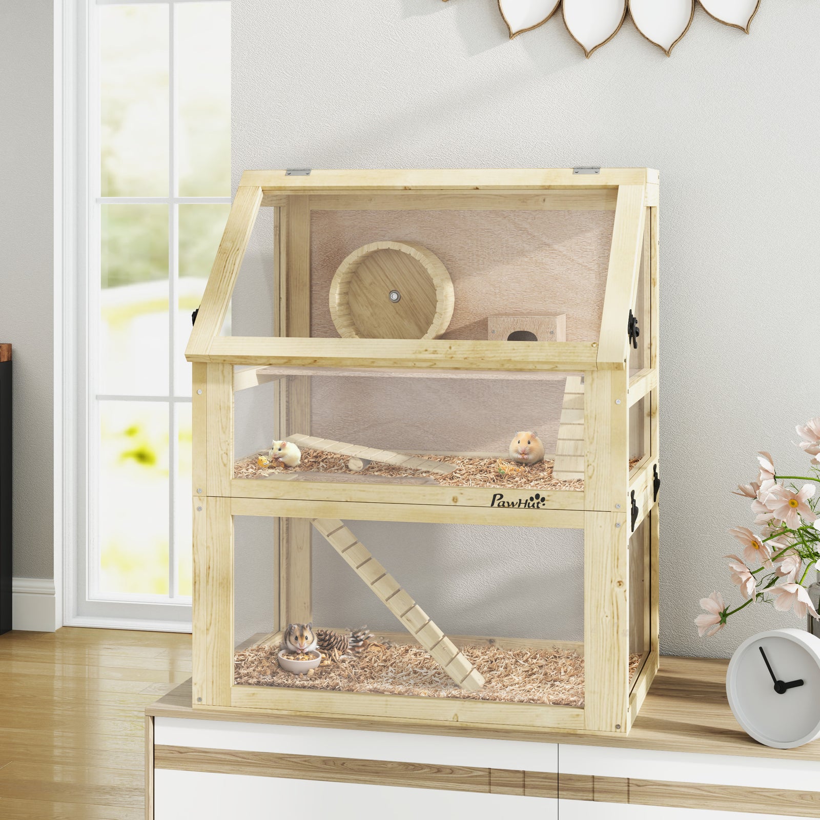 Wooden Hamster Cage W/ Detachable Bottom, Hut, Seesaw, 60 X 40 X 75cm