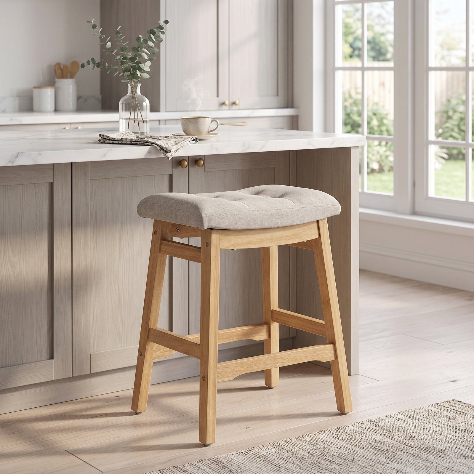 Breeins Set Of 2 Chenille Upholstered Bar Stools With Wooden Base
