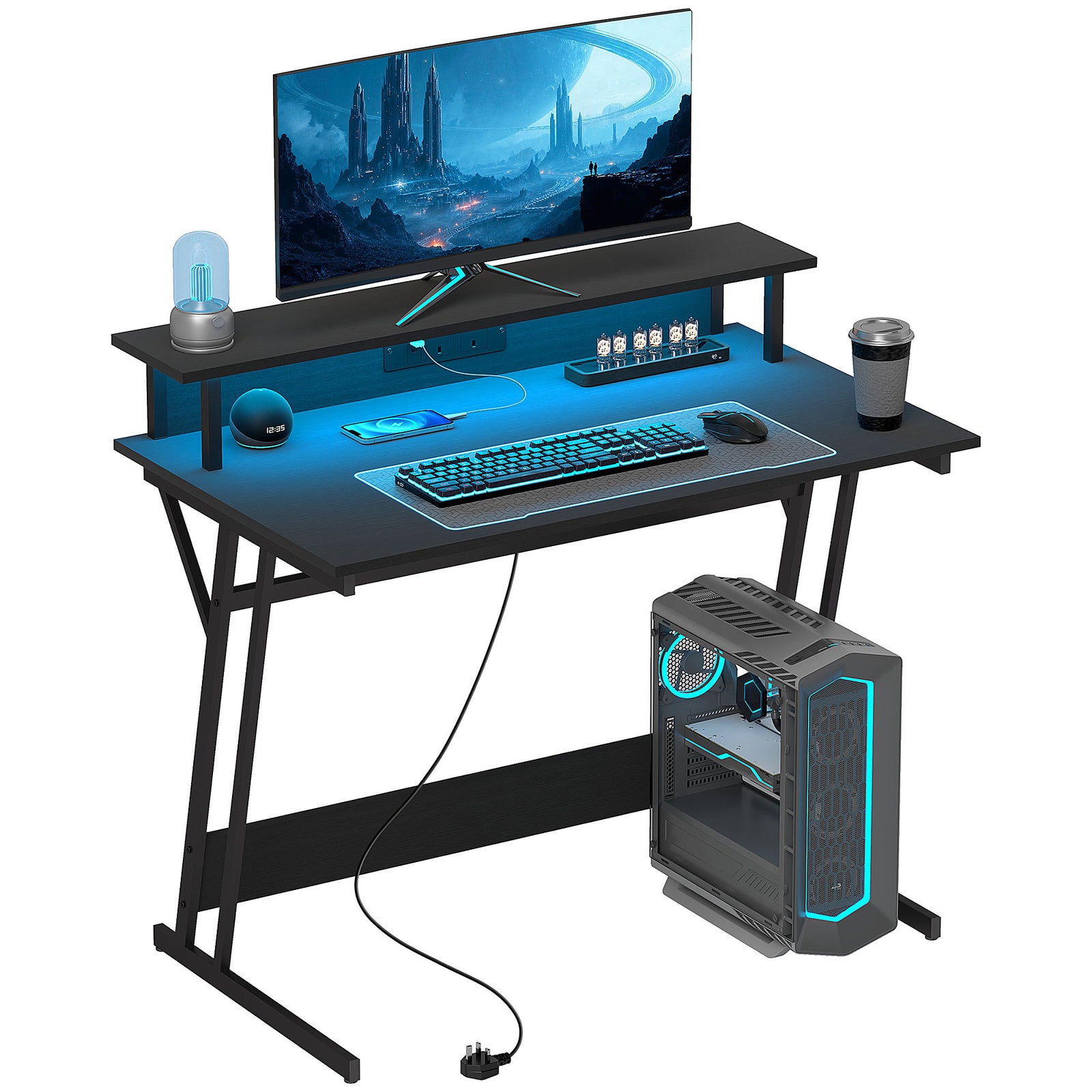 Led Gaming Desk With Power Outlets And Monitor Stand