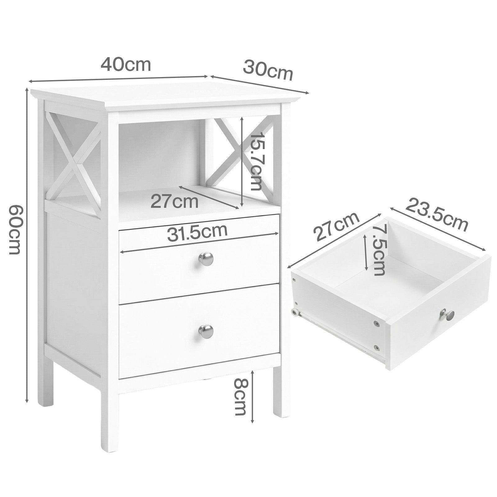 Bedside Table Wood Nightstand Cabinet 2 Storage Drawers Open Shelf | White
