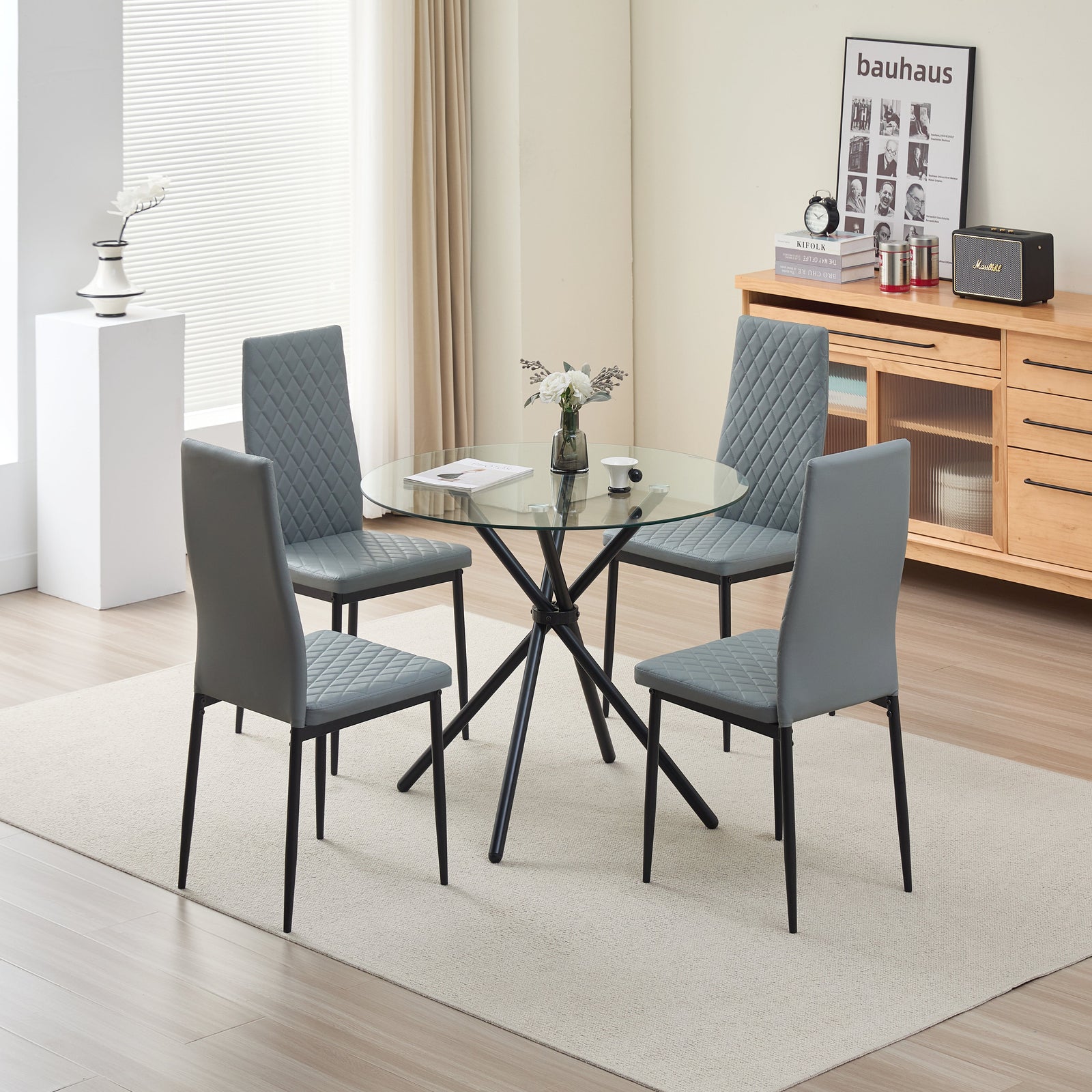 Elegant New York Dining Table Set With 4 Stylish Emily Leather Chairs | Gray