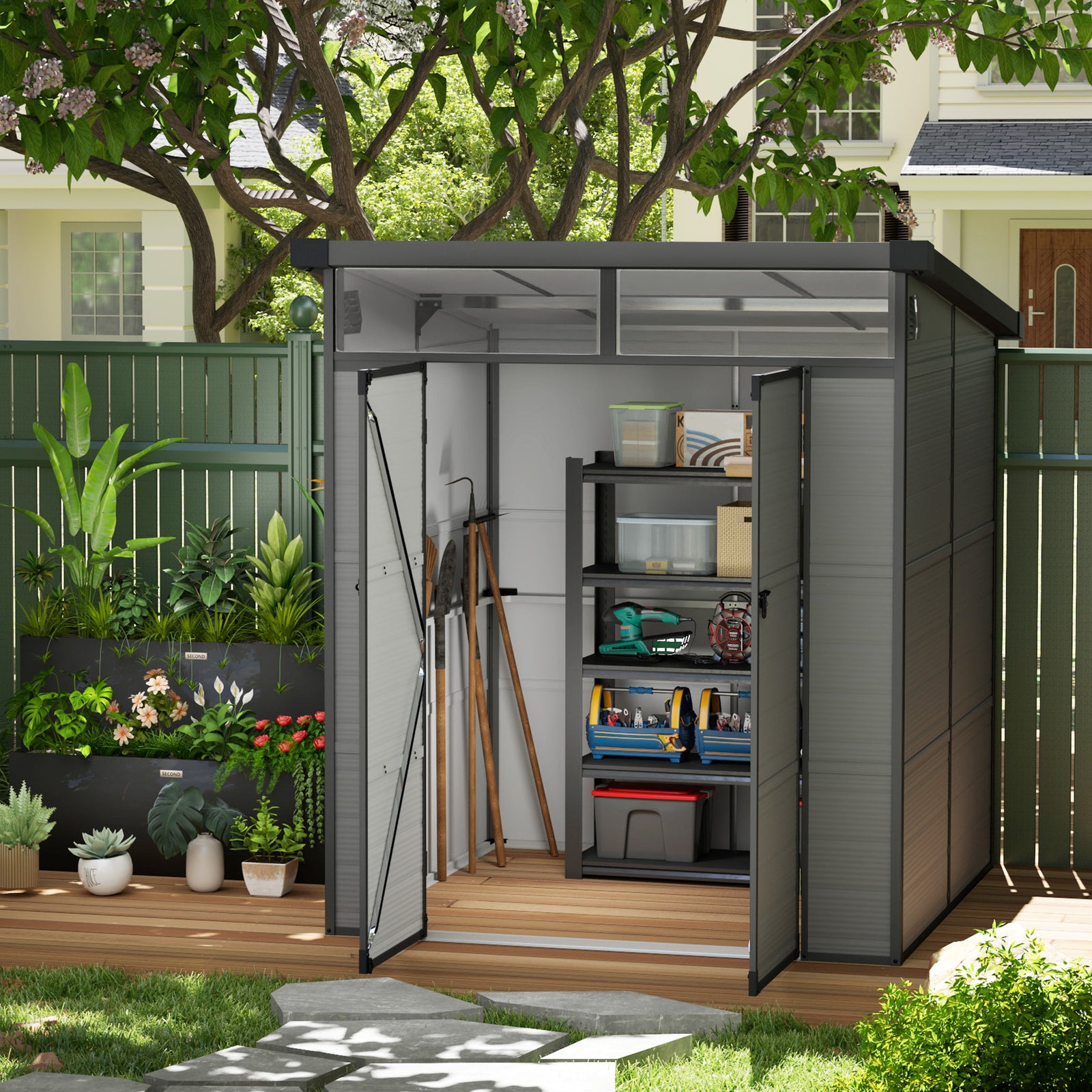 6 X 6ft Plastic Garden Shed With Windows And Air Vents | Light Grey