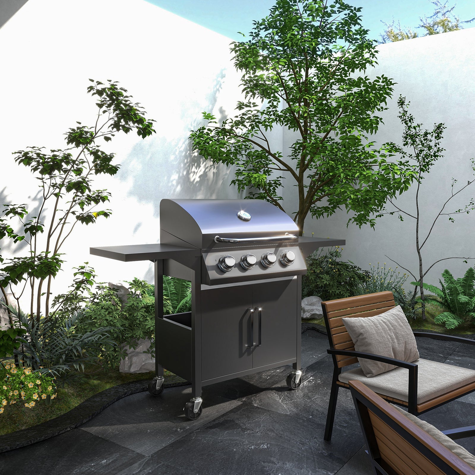 Bbq Grill With Burner, Portable Trolley, Black | Large