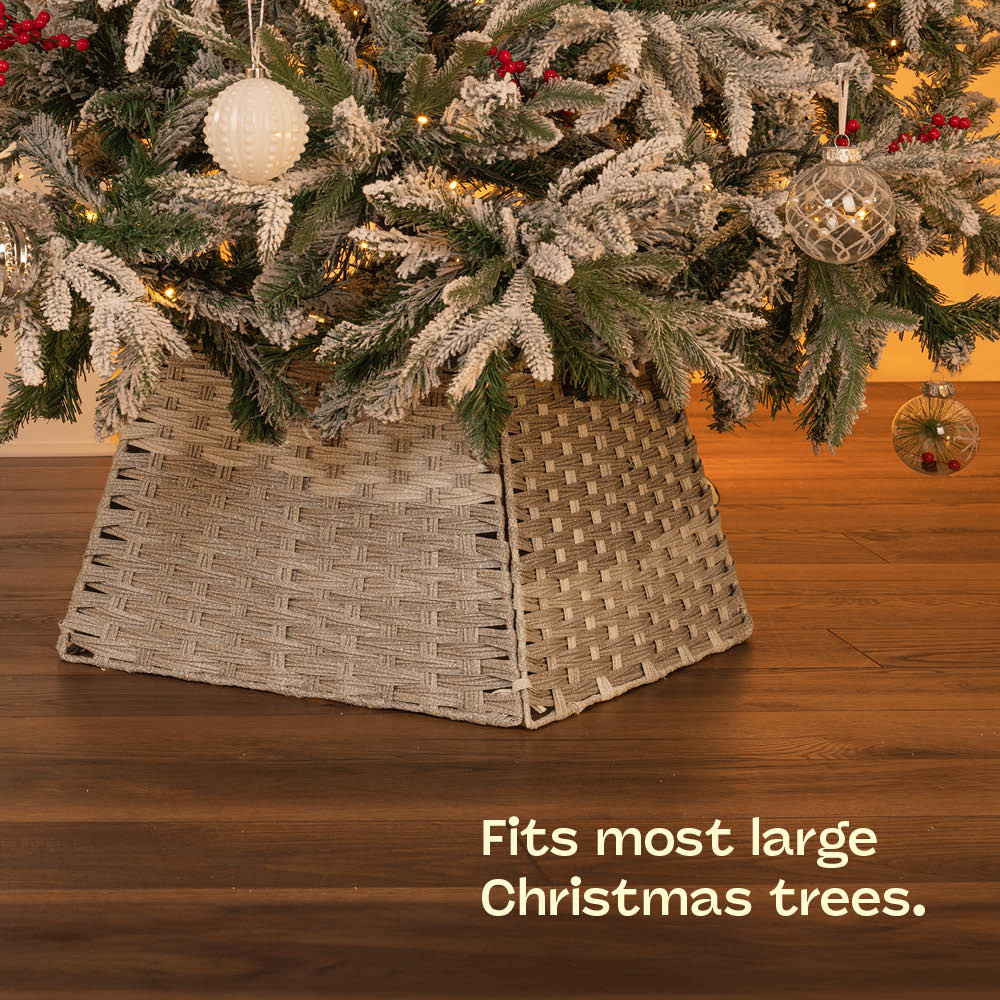 Square Grey Rattan Christmas Tree Skirt With Foldable Base