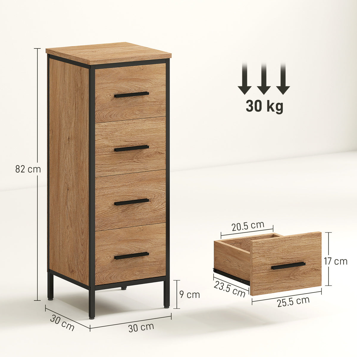 HOMCOM Narrow Bathroom Storage Cabinet With 4 Drawers For Small Spaces, Oak