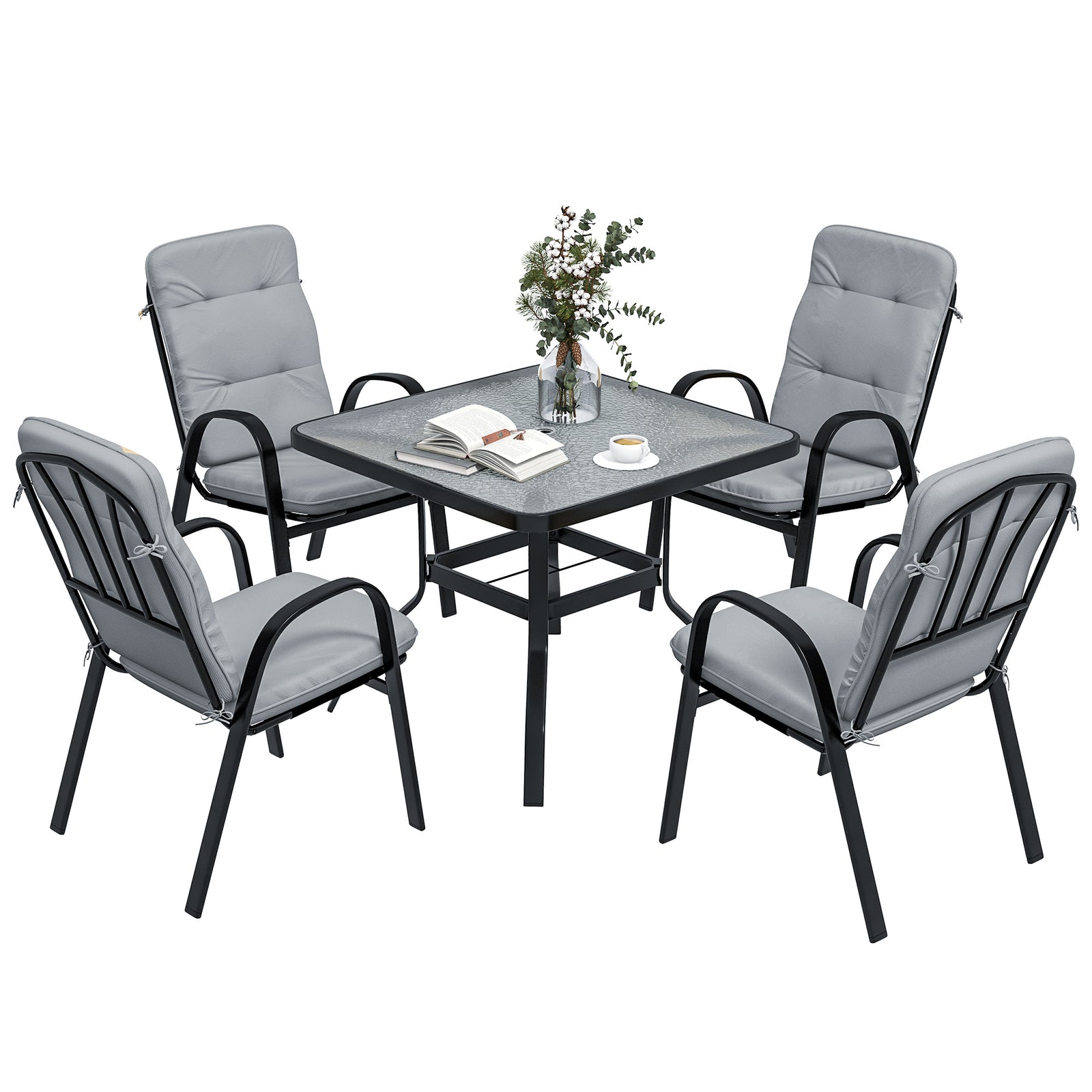 Garden Dining Set, Glass Table W/ Umbrella Hole & Seats | Black