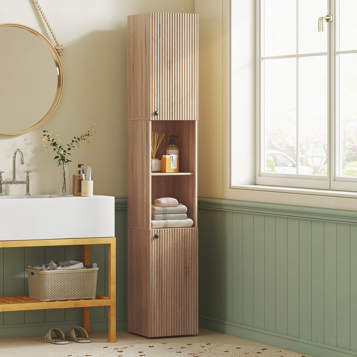 HOMCOM 182 Cm Tall Bathroom Cabinet With Adjustable Shelves, Natural