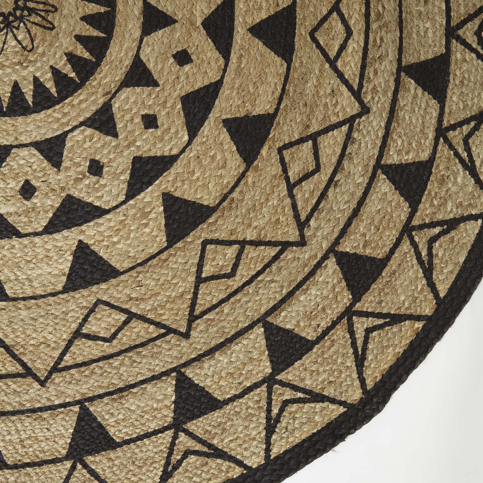 Natural & Black Mandala Braided Jute Rug Round | 200cm | Black
