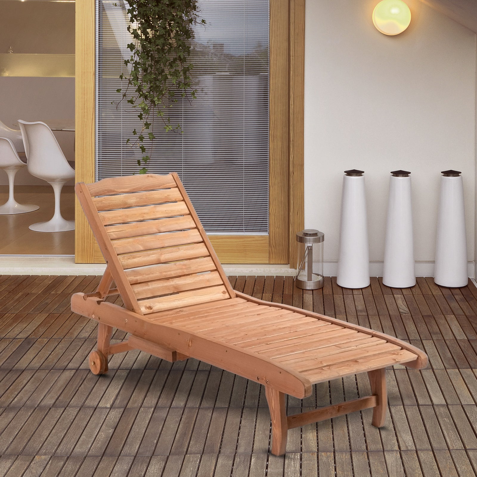 Wooden Sun Lounger W/ Pull-out Tray & Wheels
