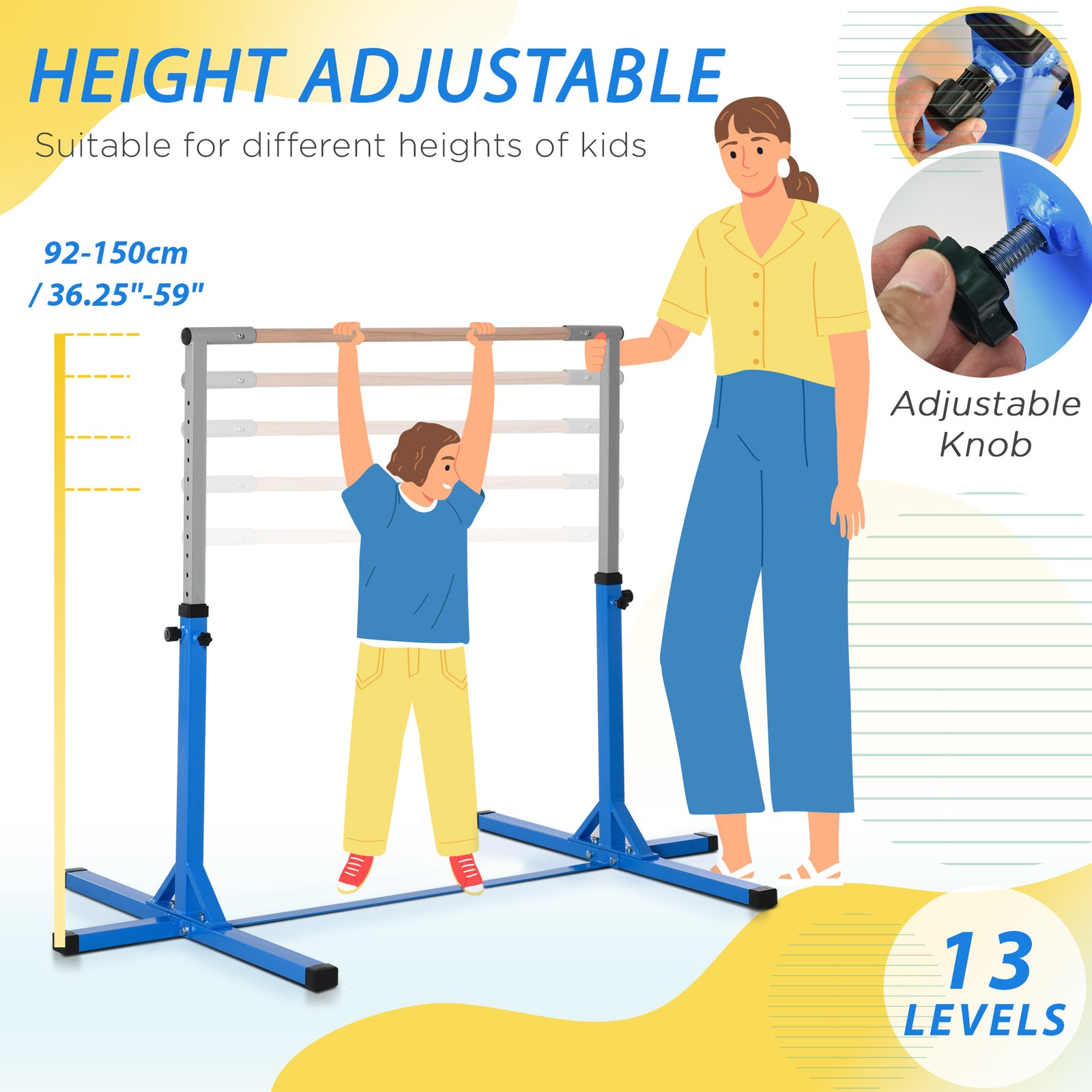 Adjustable Kids Gymnastics Bar Horizontal Training Steel Frame Wood | Blue