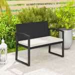 2 Seater Rattan Garden Bench With Cushion, Steel Frame | Black