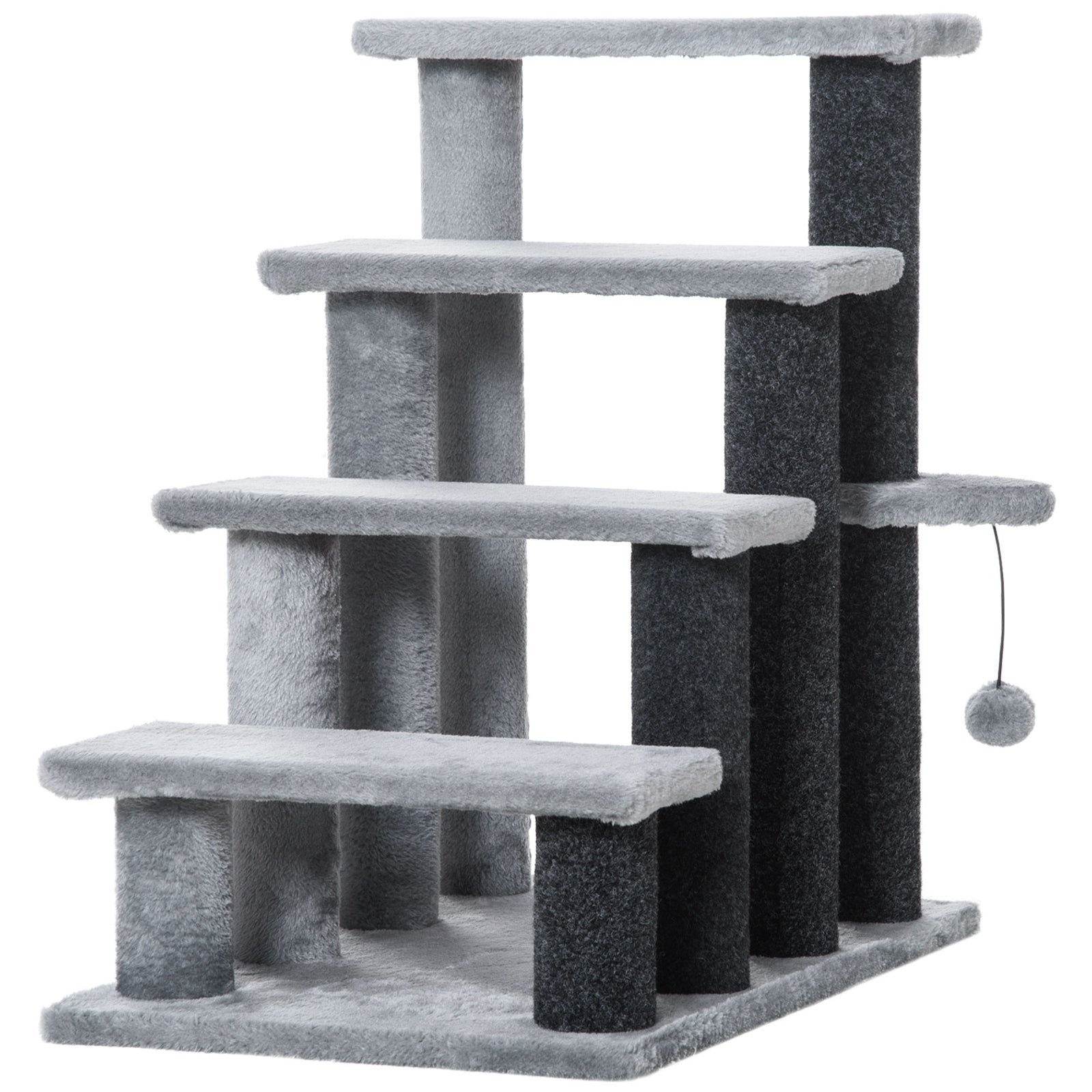 Pet Stairs With 3/4-step Stair, Scratching Posts, Platforms, Toy Ball | Large | Gray