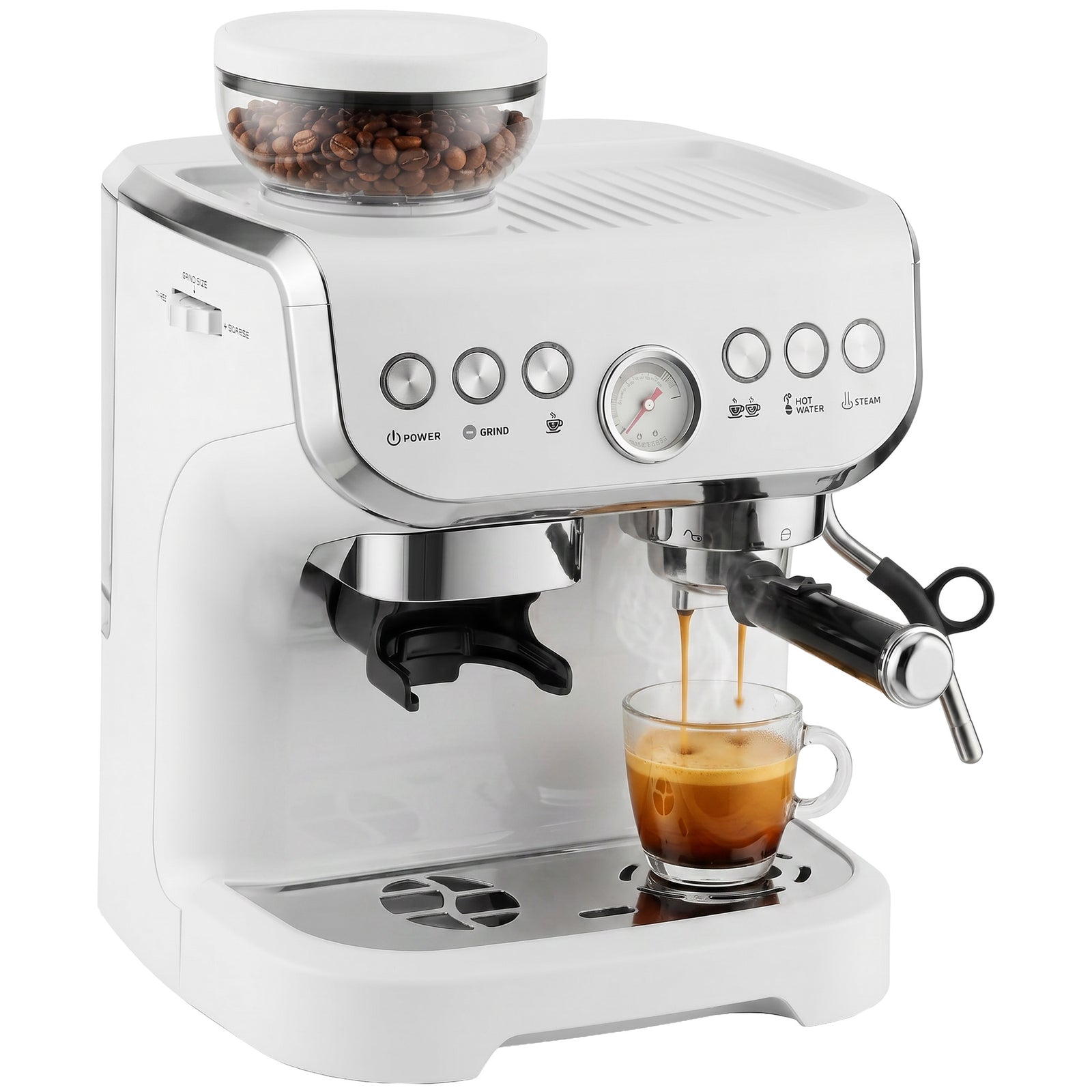 Espresso Machine, Bean Grinder & Steam Wand, 15 Bar Pressure | White