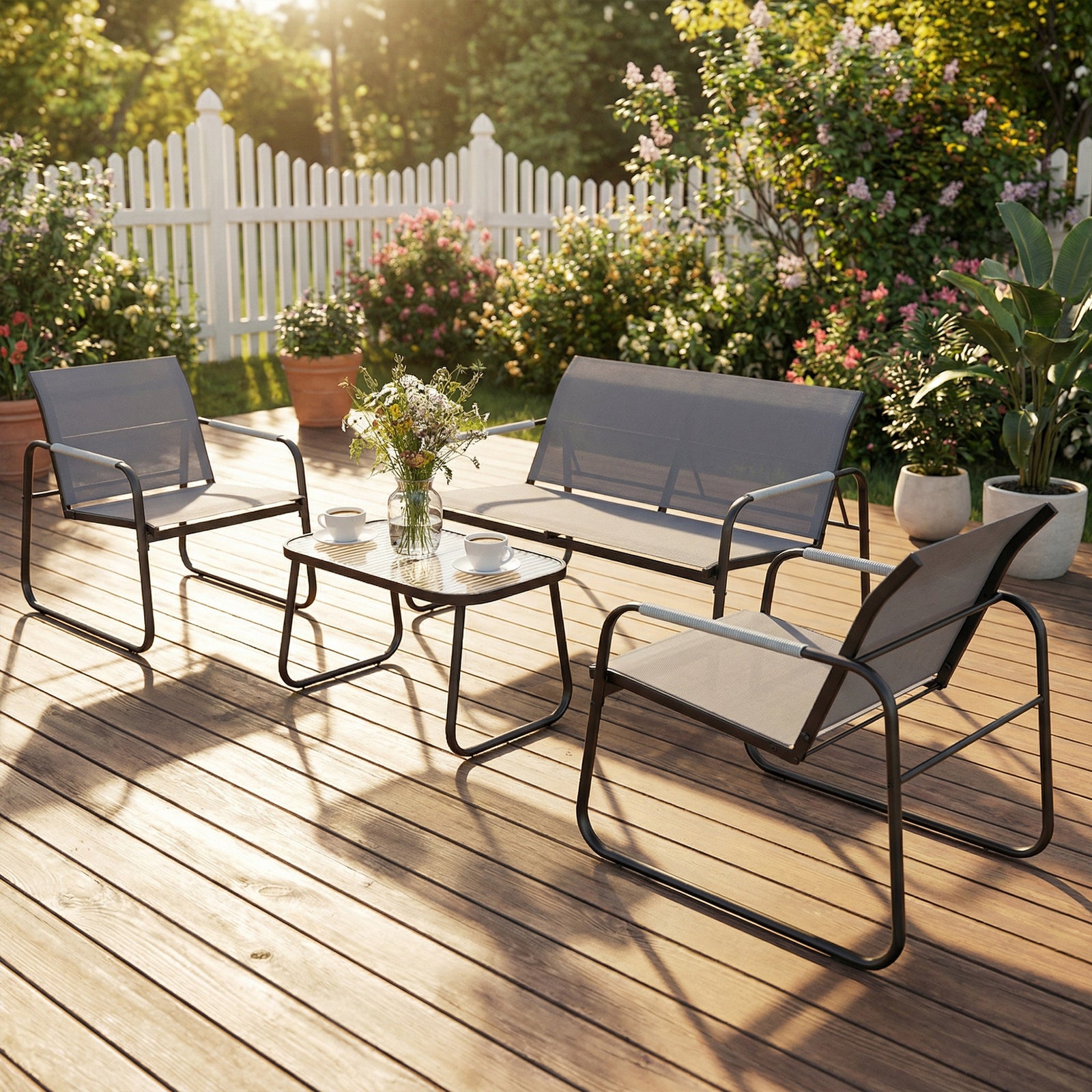 Outsunny Garden Sofa Set With Loveseat, 2 Armchairs, Tempered Glass Table