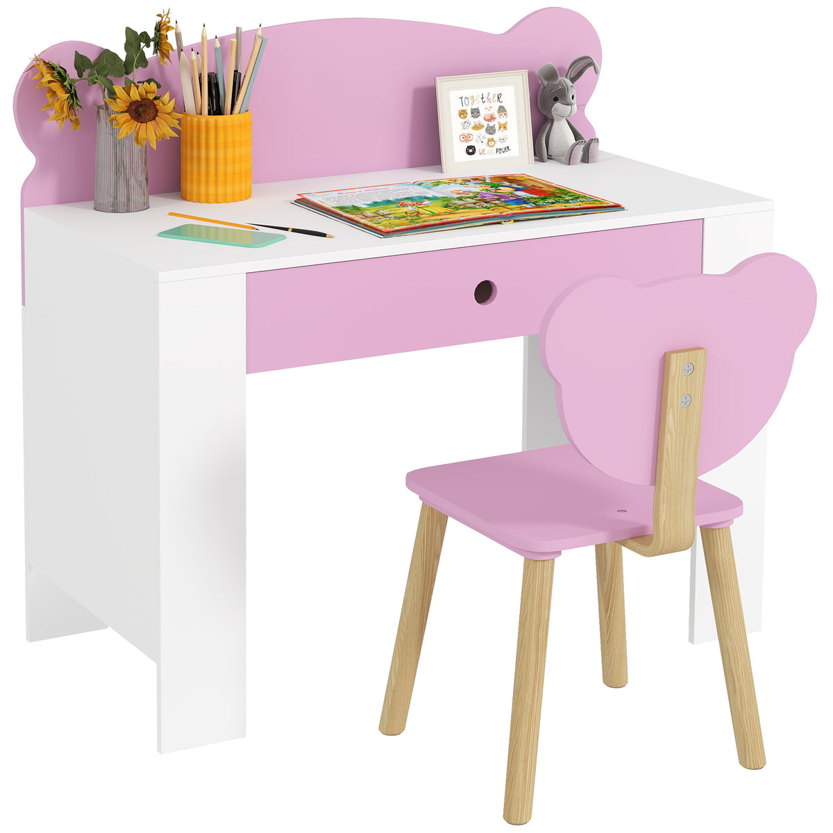 AIYAPLAY Kids Desk And Chair Set, Children Writing Table With Drawer, Pink