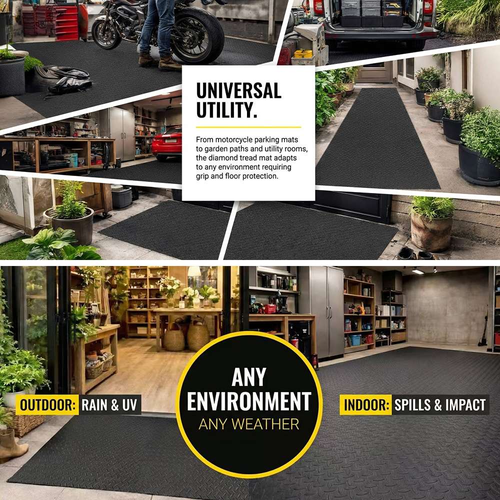 Diamond Tread Recycled Rubber Flooring Rolls - 1.7m Wide | 1m | Black