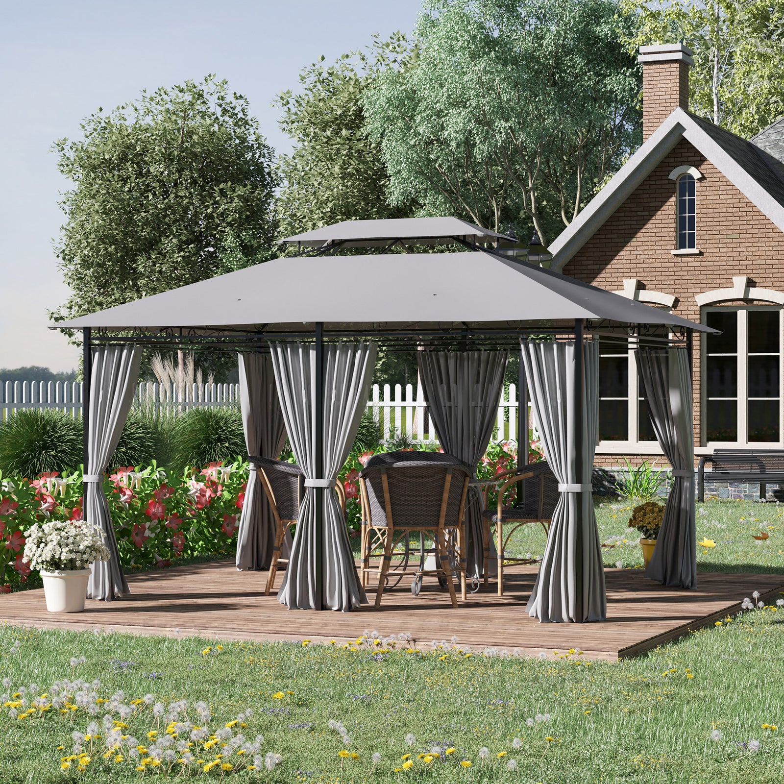 4m X 3(m) Outdoor 2-tier Steel Frame Gazebo W/ Curtains | Dark Gray
