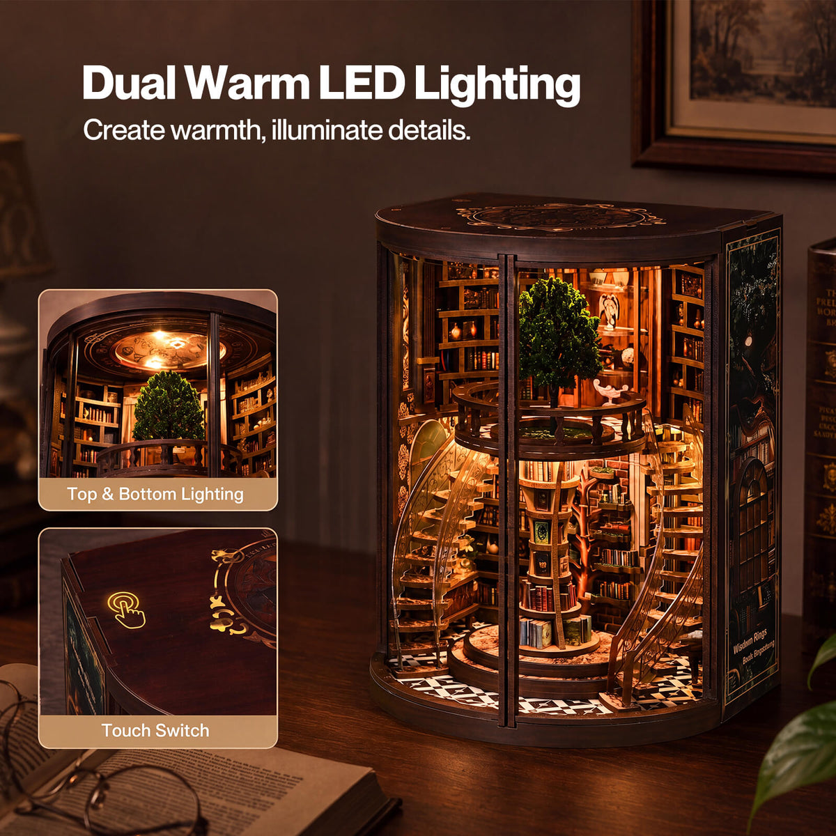 Book Nook Kit For Adults Library Diorama With Led, Shelf Decor, Walnut