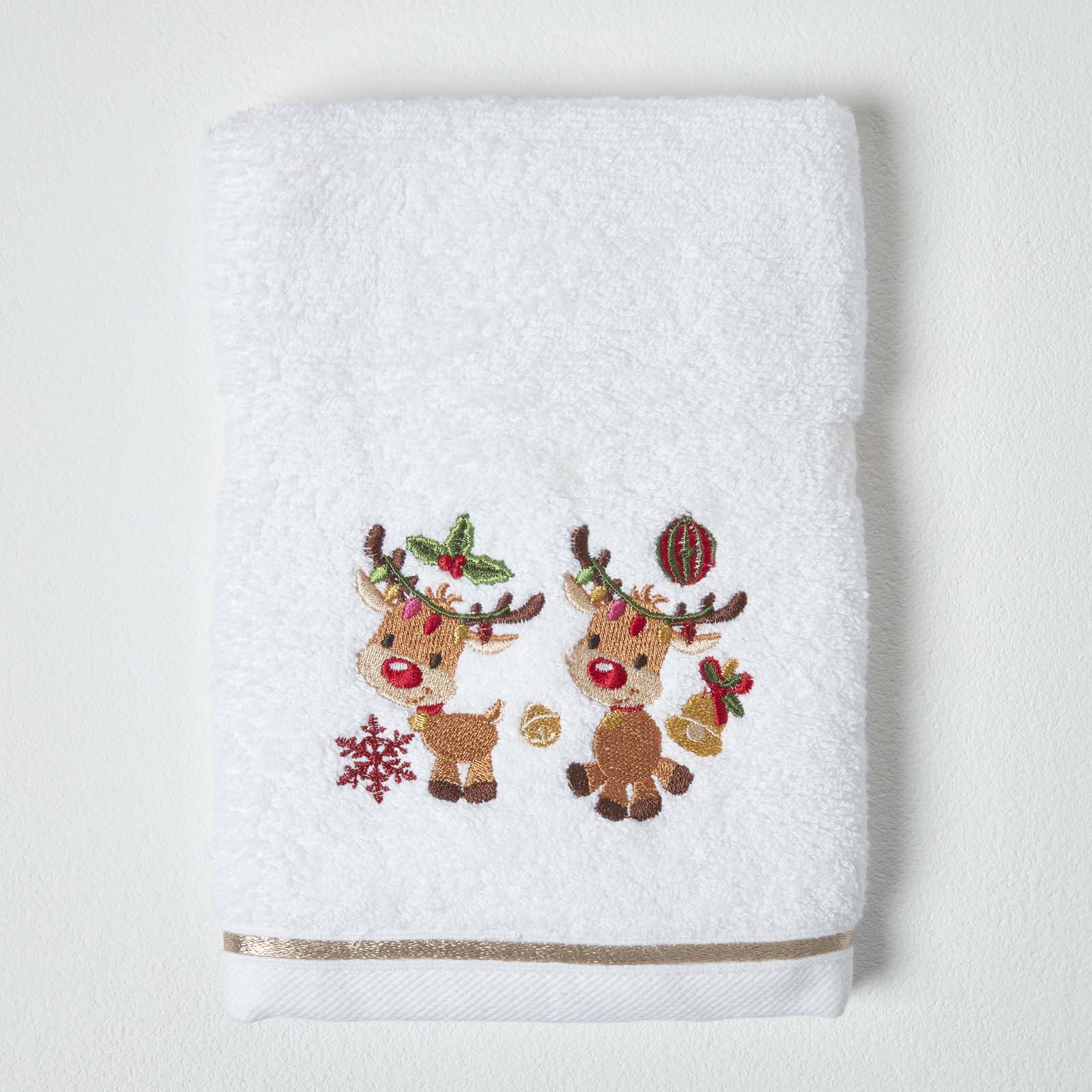 Reindeer Embroidered 100% Cotton Christmas Hand Towel