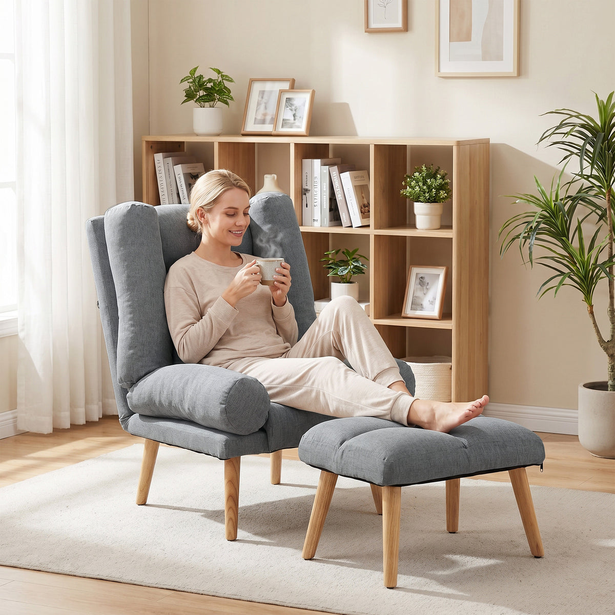 Recliner With Footstool, Reclining Chair With Adjustable Back | Grey