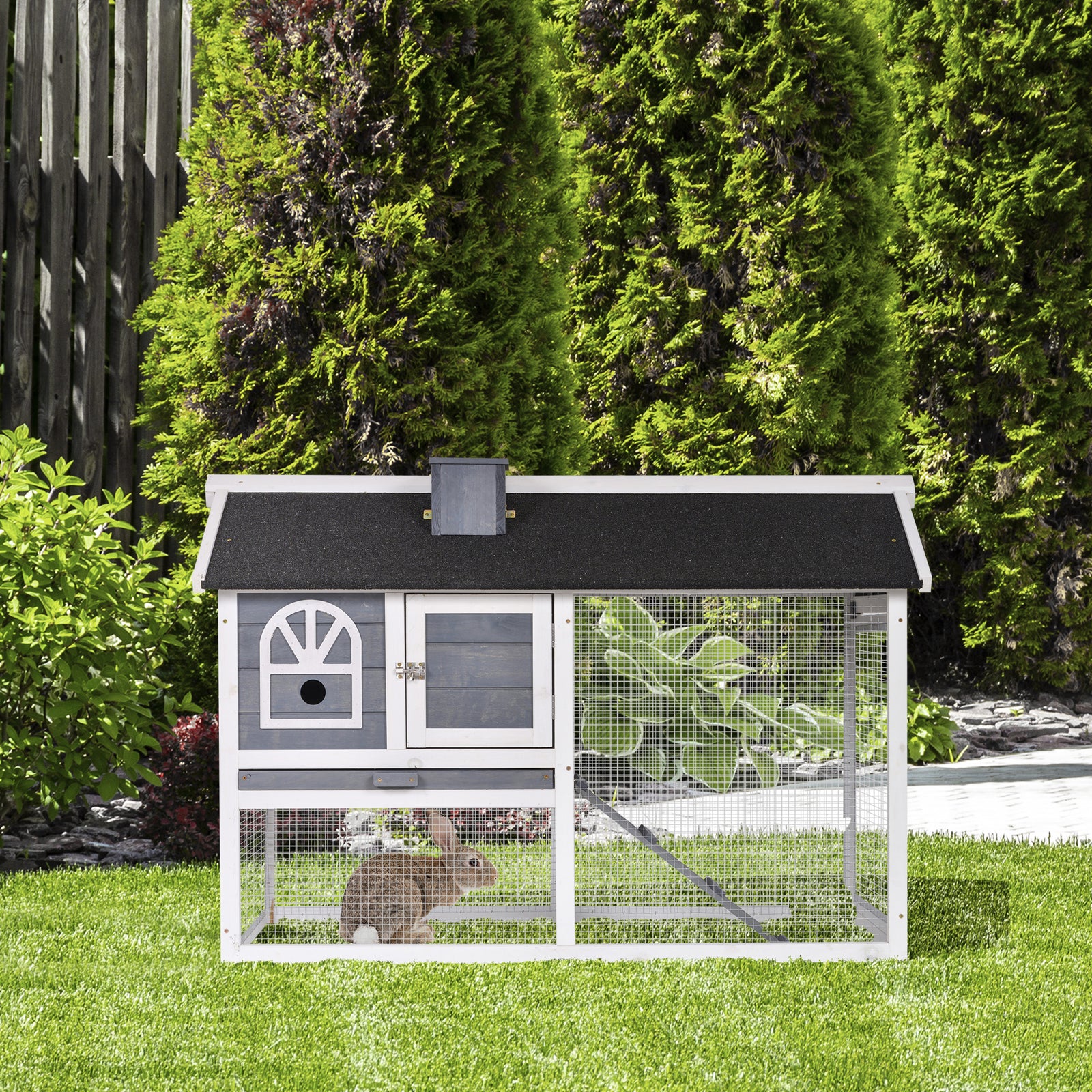 Rabbit Hutch Wood Bunny Cage For Outdoor Indoor W/ Pull Out Tray Ramp | Gray