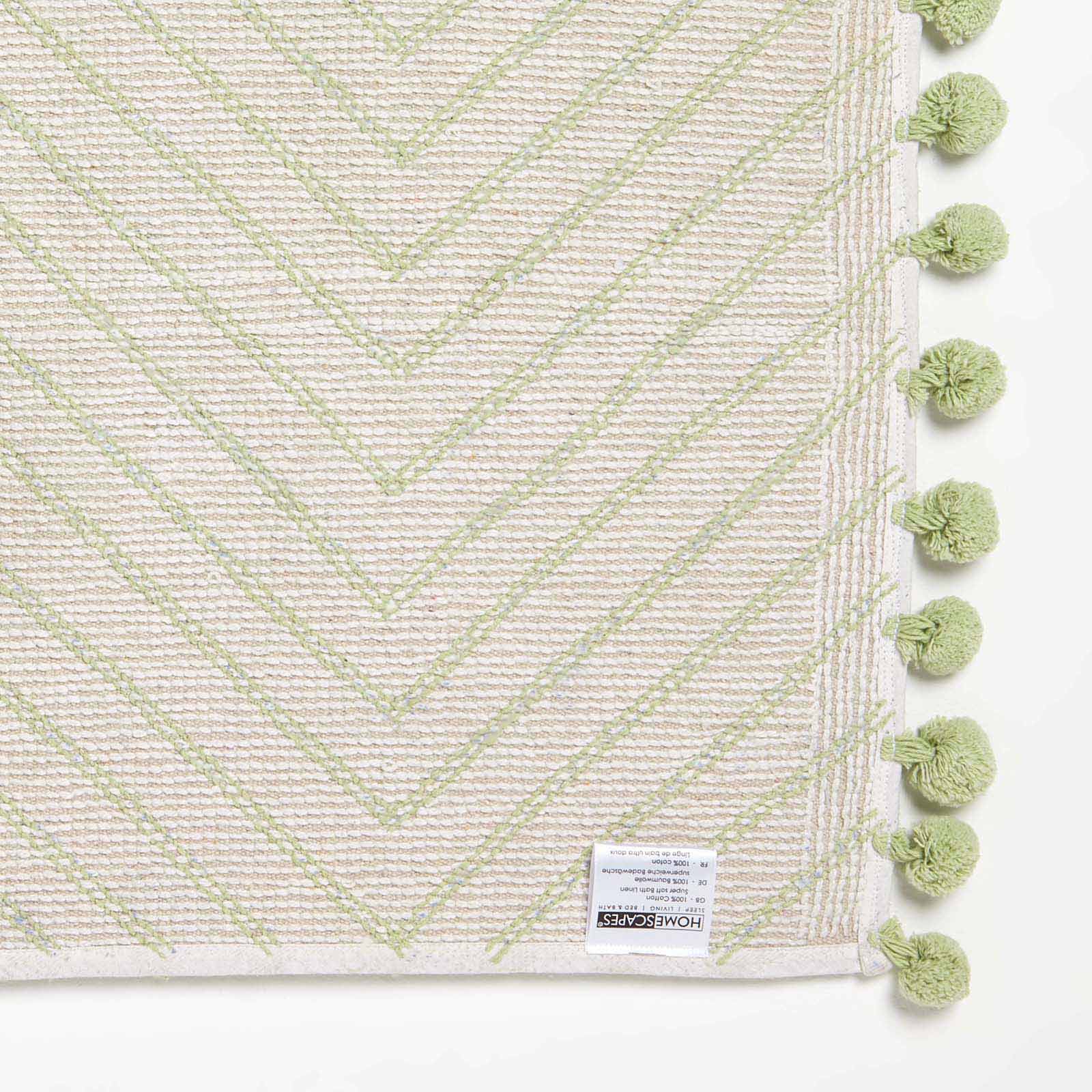 Tufted Cotton Bath Mat Zig Zag Design With Pom Poms | 50 x 80cm | Sage Green