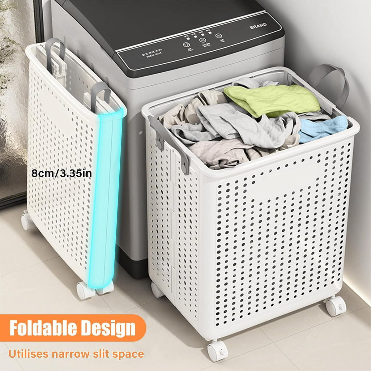 Foldable Laundry Basket 42l Large Heavy Duty Laundry Hamper On Wheels Fold Away | White