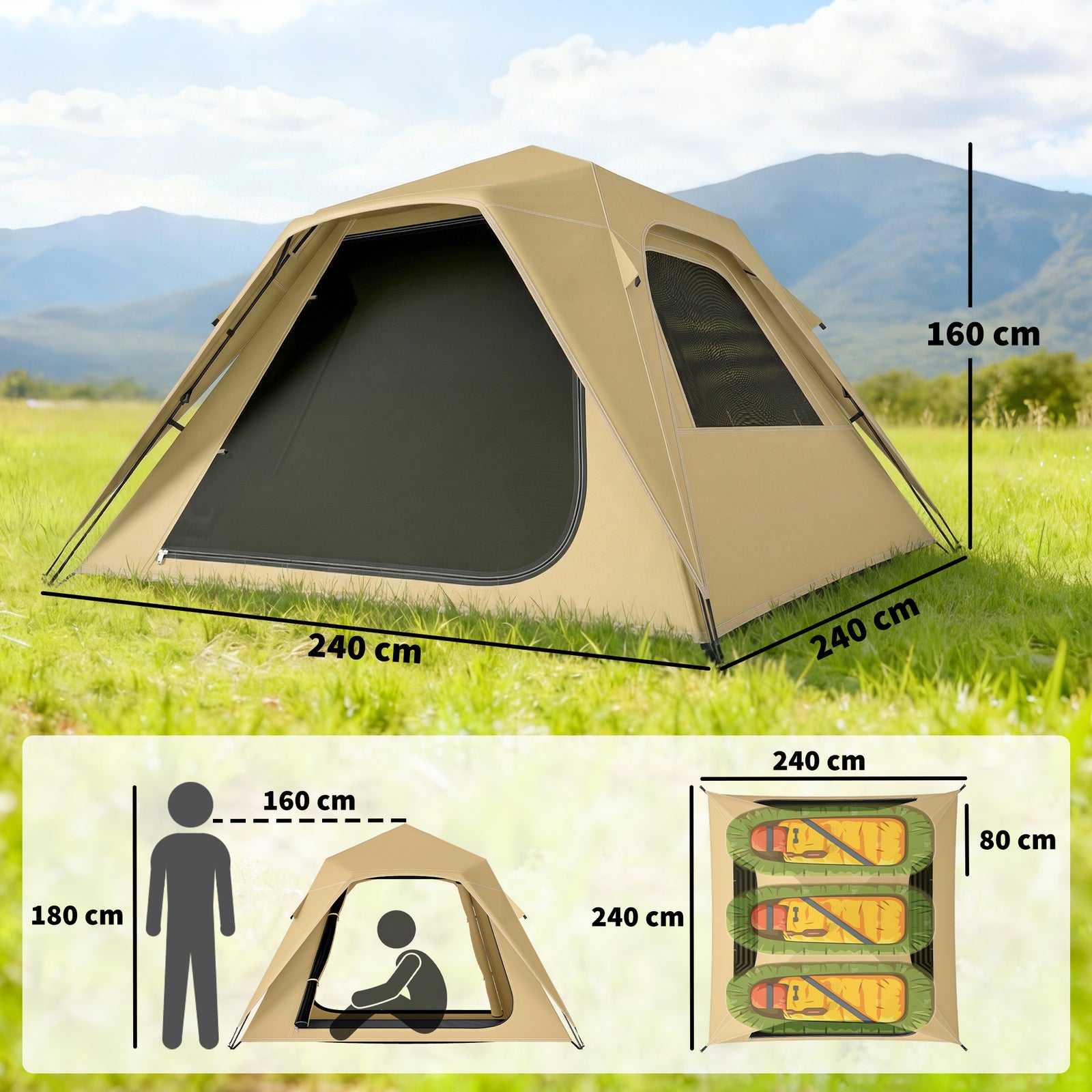 Pop Up Tent Waterproof Camping Tents 2-3 People | Khaki