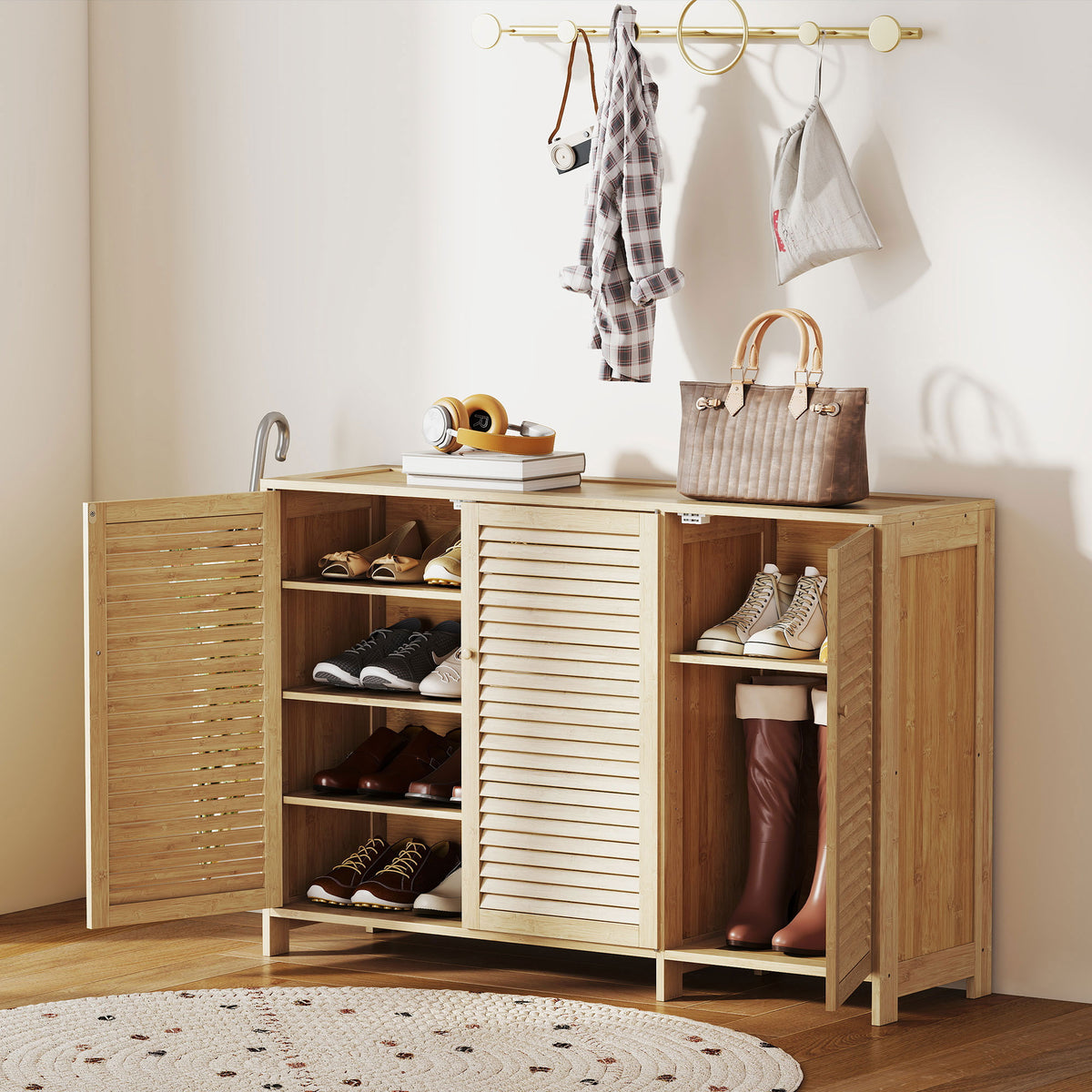 HOMCOM Bamboo Shoe Cabinet With Louvered Doors Pairs Shoe Storage Cabinet