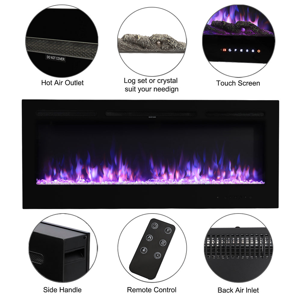 50/60-inch Recessed & Wall Mounted Electric Fireplace, 1800w Black Heater With 12-colour Flame, Log & Crystal Bed, Remote Control & Timer | Large