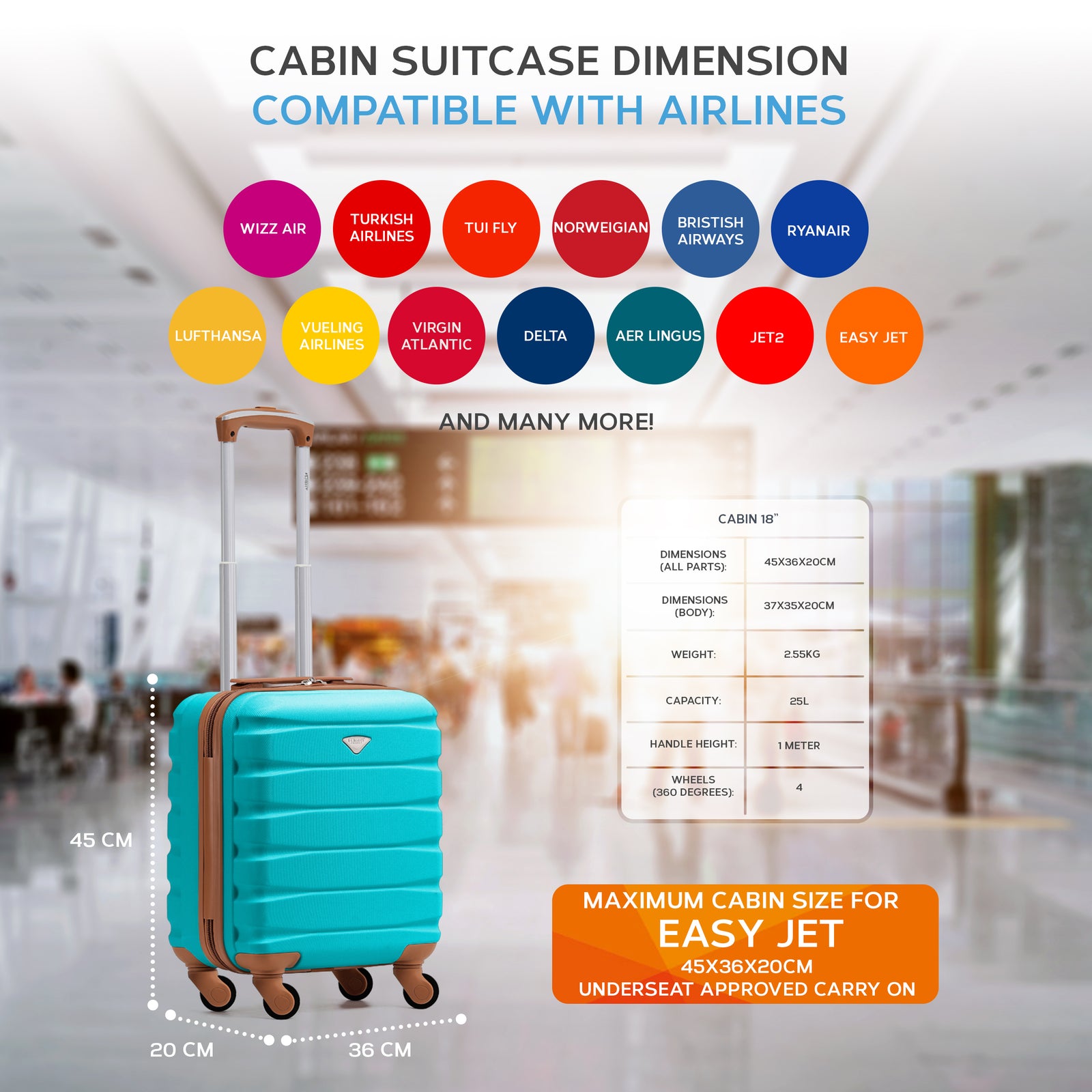 45x36x20cm Lightweight Underseat Cabin Carry On Suitcase - 100+ Airline Approved - Hard Shell Luggage - 4 Wheels | 45 x 36 x 20cm | Aqua