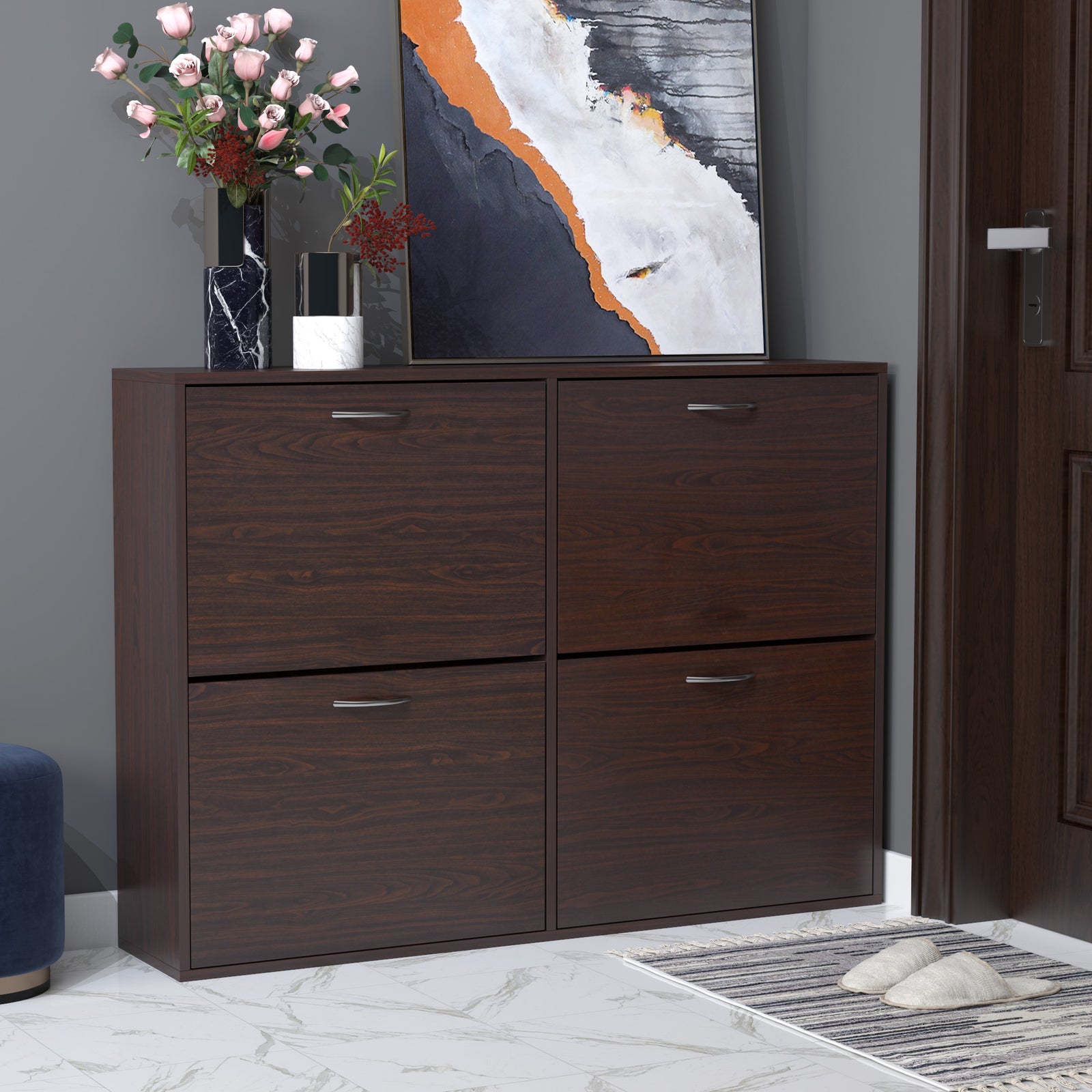 Wooden Shoes Cabinet Multi Flip Down Shelf Drawer Organizer | One Size | Brown