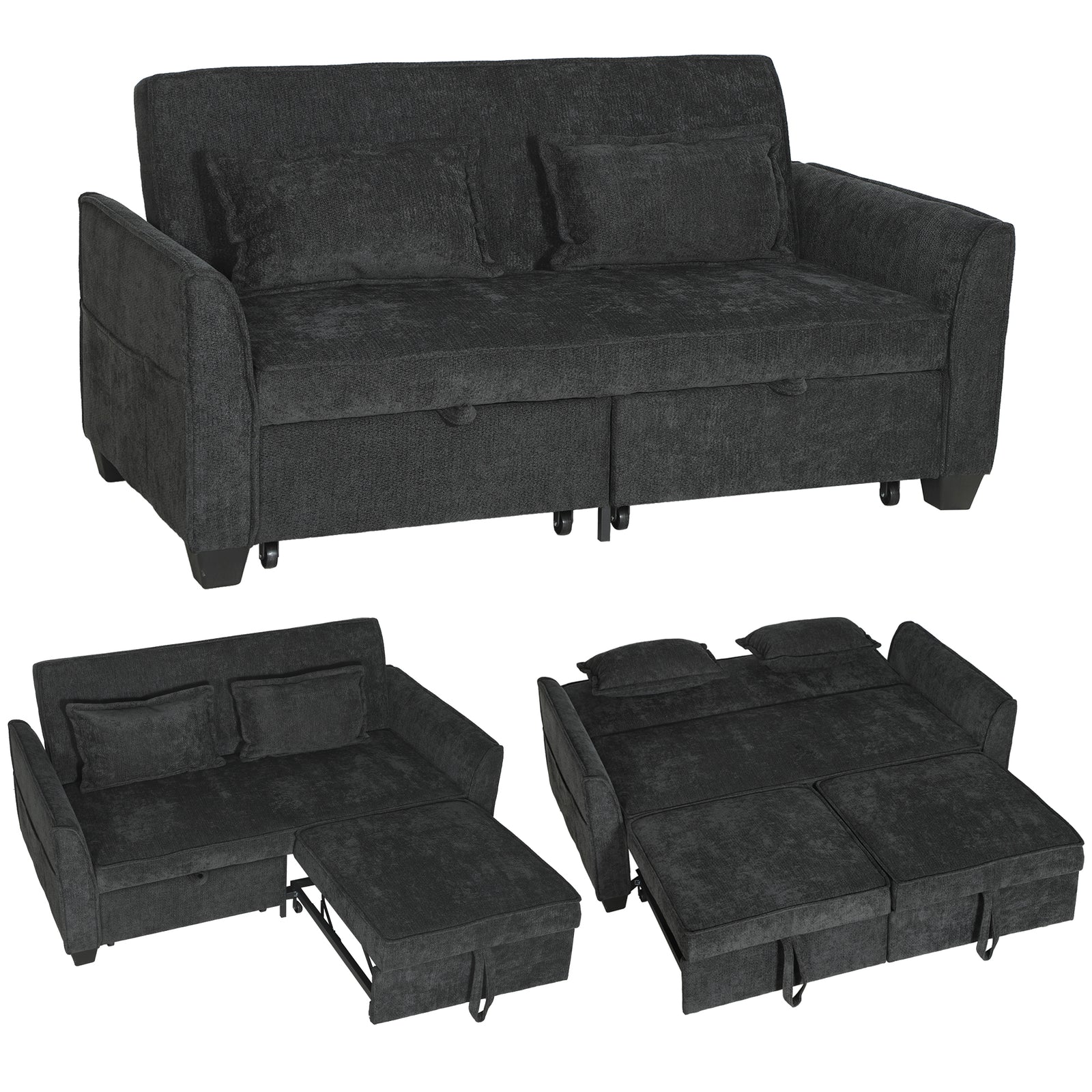 2 Seater Sofa Bed, 4-in-1 Convertible Pull Out Sleeper Sofa | Black