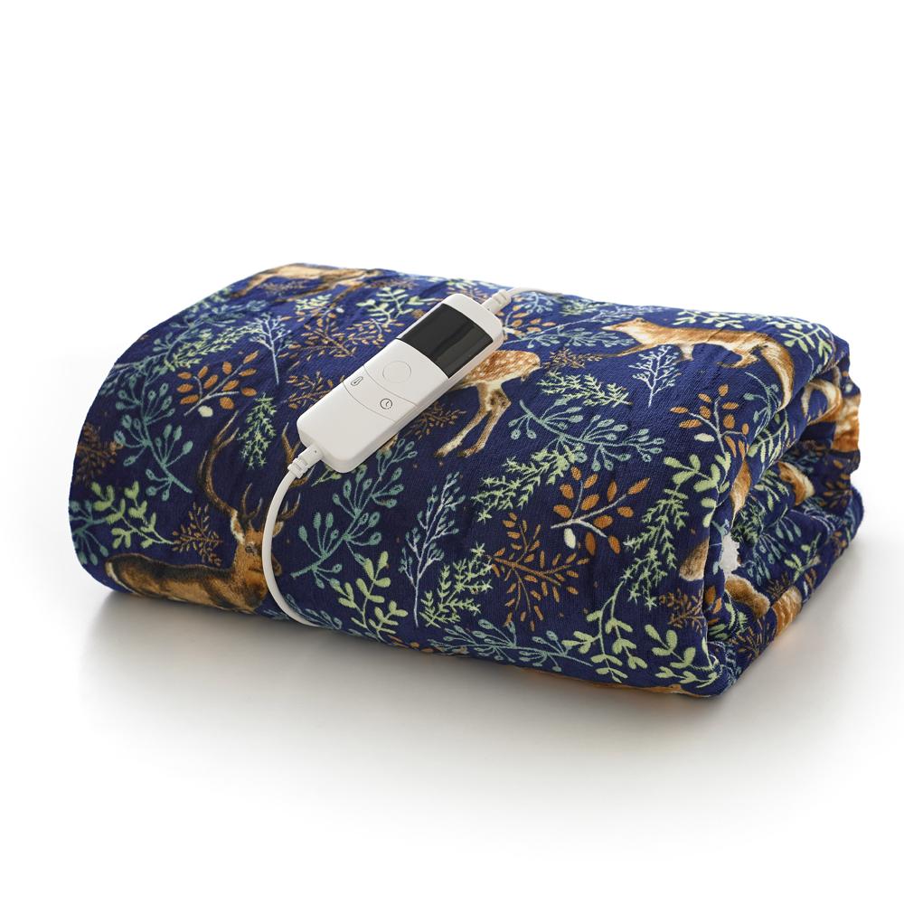 Fox & Deer Navy Printed Fleece Electric Heated Throw With Sherpa Back