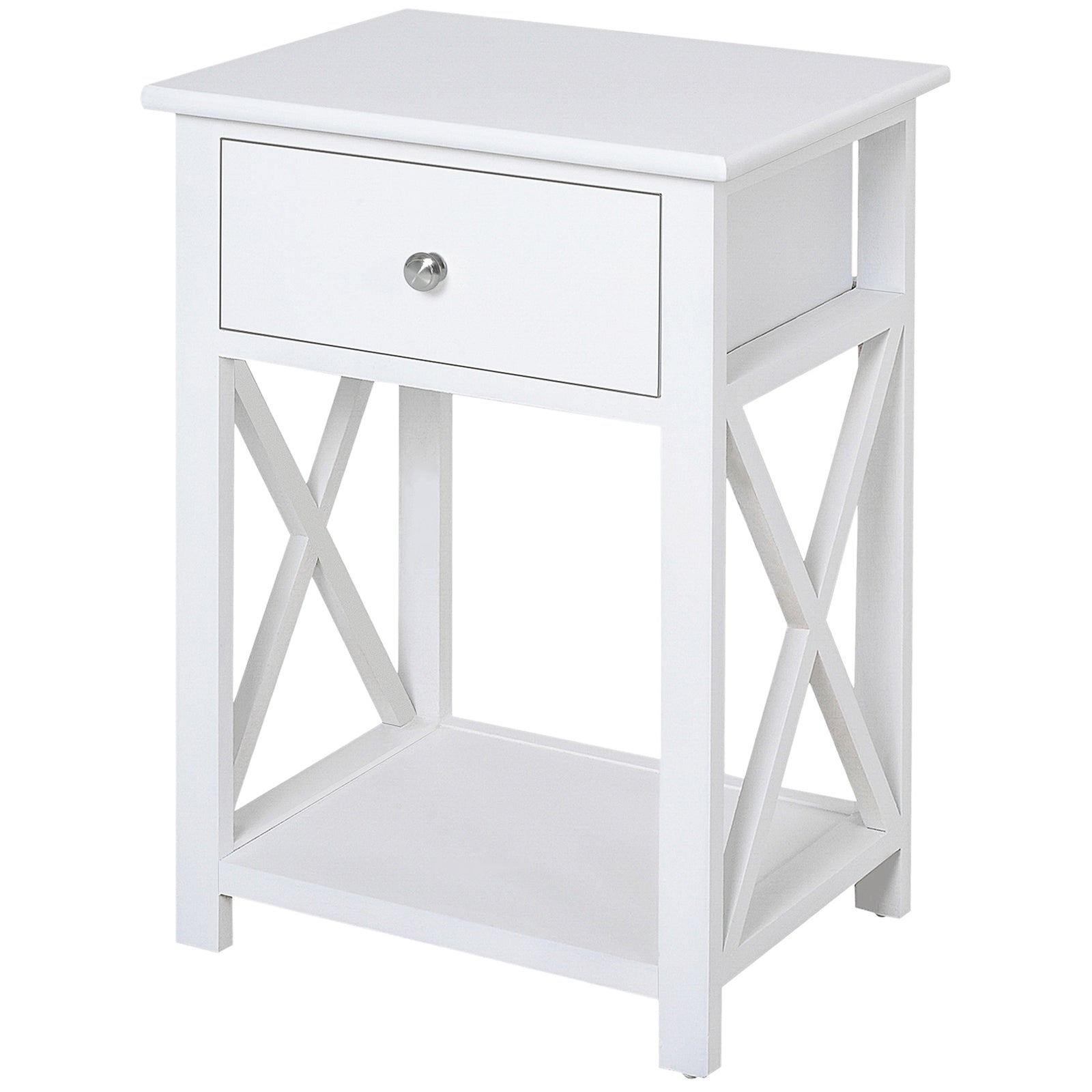 Side Table Nightstand For Bedroom With Drawer & Bottom Shelf | White