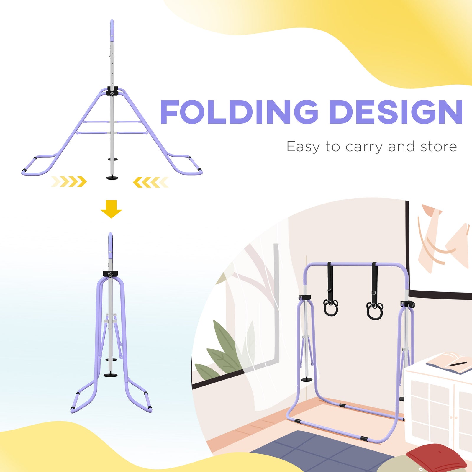 Adjustable Height Foldable Kids Gymnastics Bar With Non-slip Mats | Purple