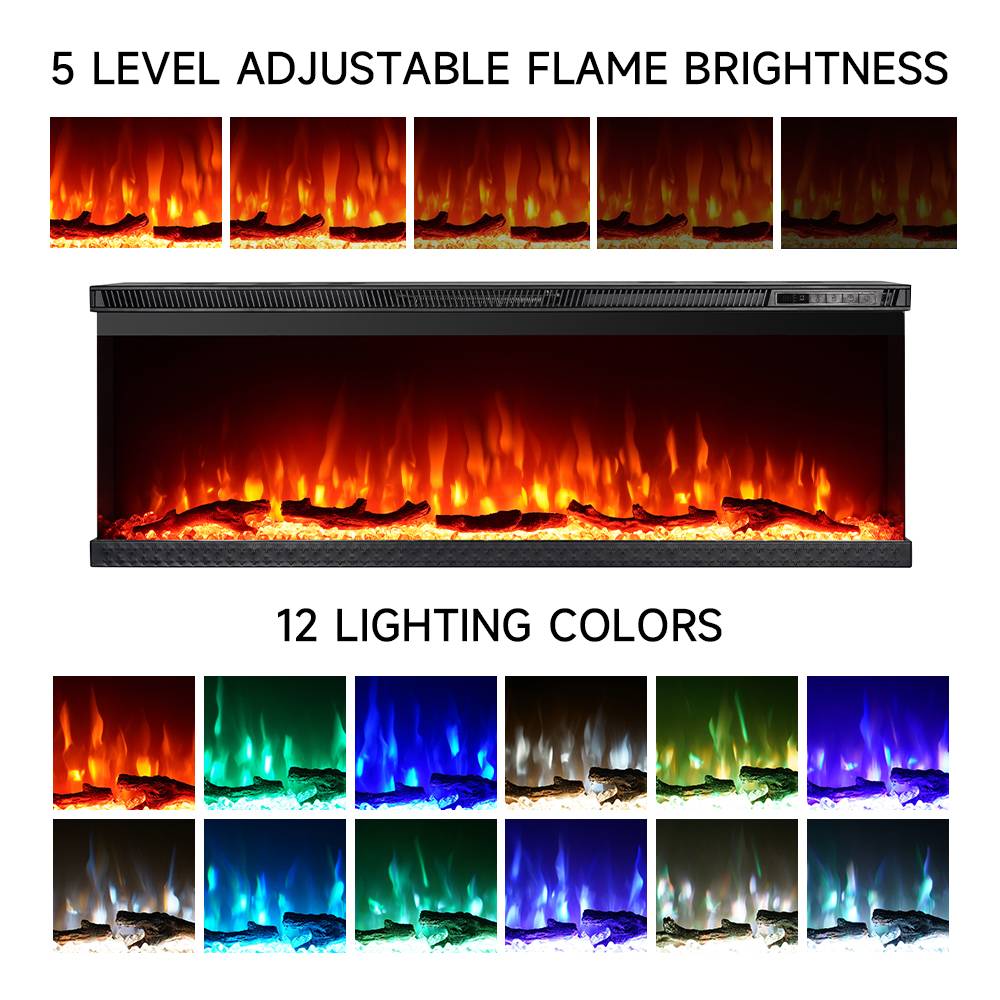 50 Inch 3-sided  Electric Fireplace Recessed & Freestanding Heater With Adjustable Flame, Remote Control, Timer & 12 Flame Colors