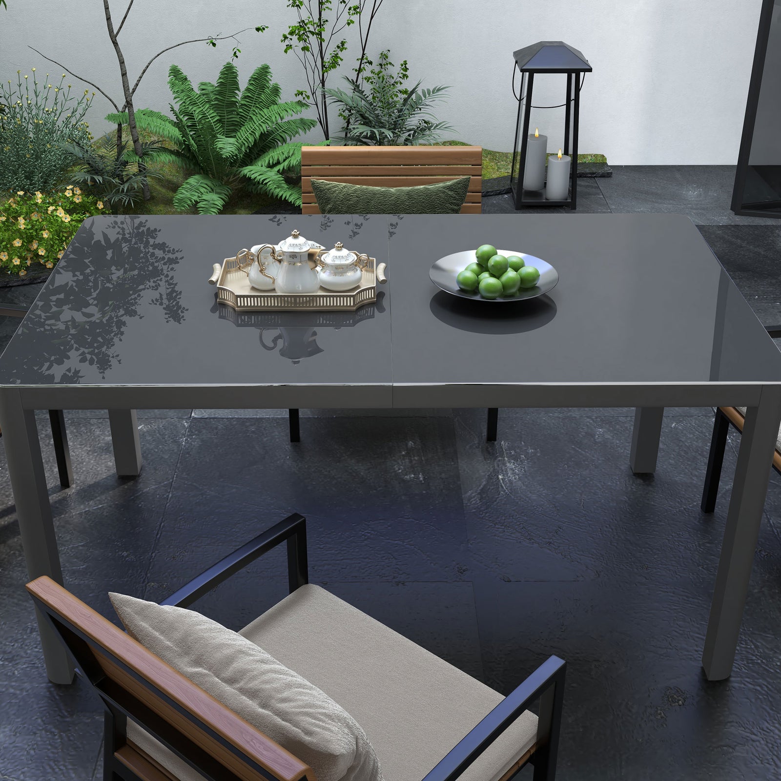 Outdoor Dining Table With Glass Top, Aluminum Frame, Grey