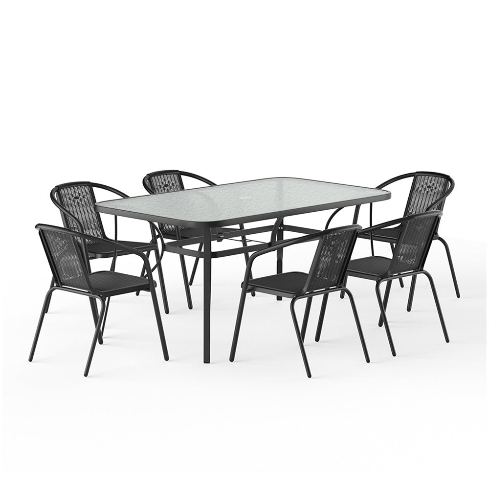 7 Pcs Garden Dining Set Tempered Glass Outdoor Coffee Table And Rattan Chairs Set
