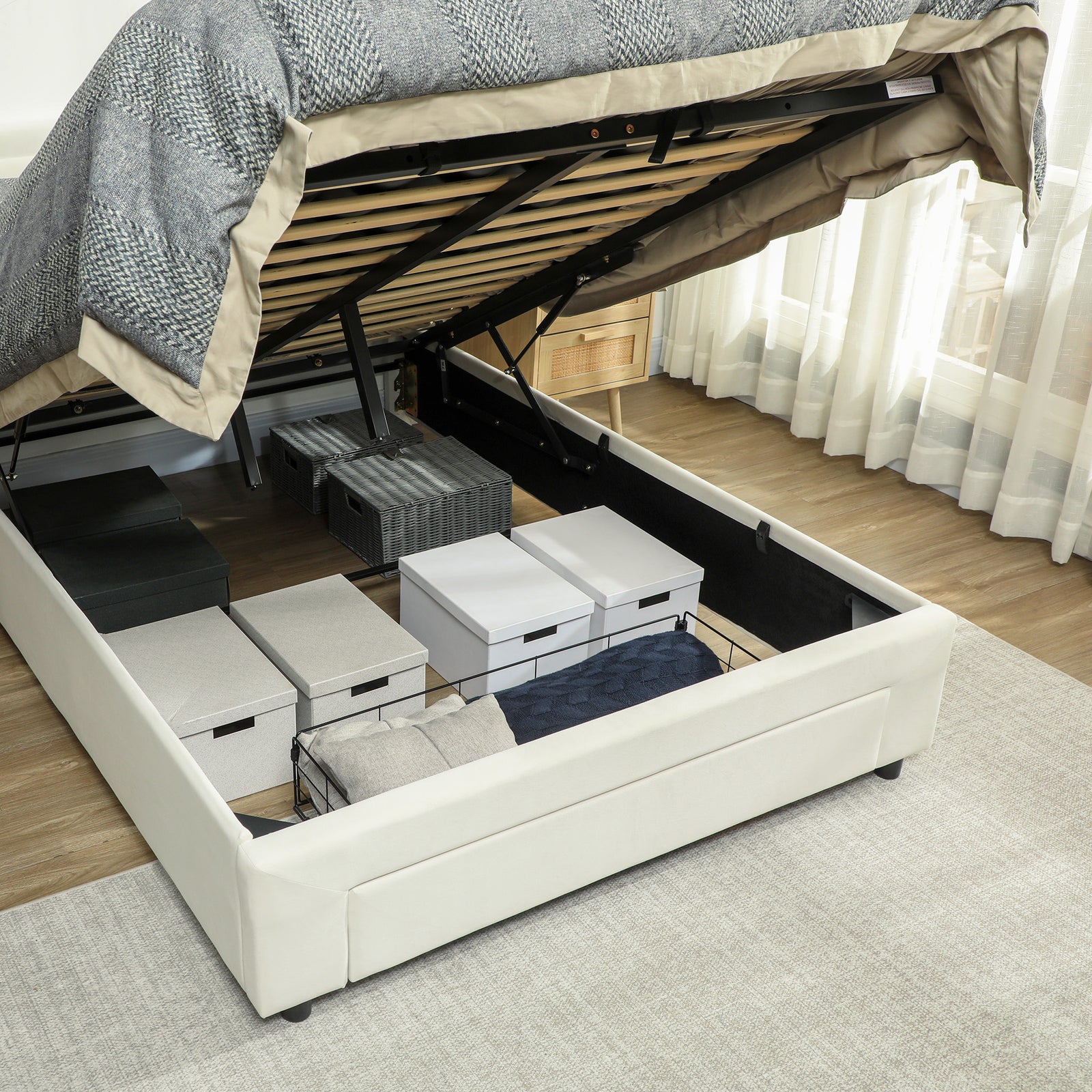 Double Bed Frame With Storage And Adjustable Velvet Headboard | Cream