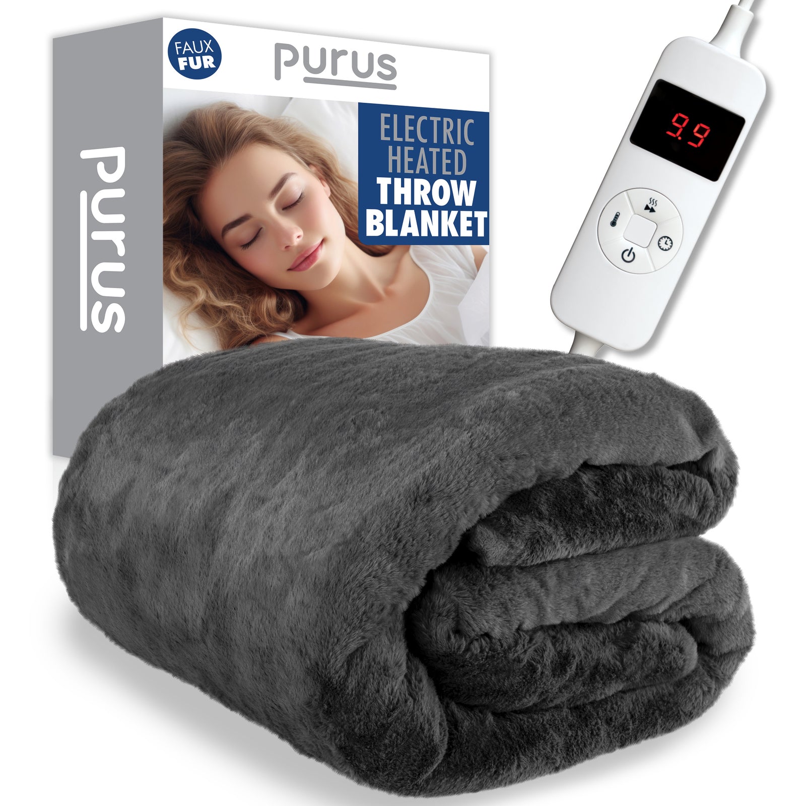 Electric Heated Throw Electric Over Blanket Faux Fur Luxurious 160 X 130cm Soft Fleece Blanket | Double | Grey