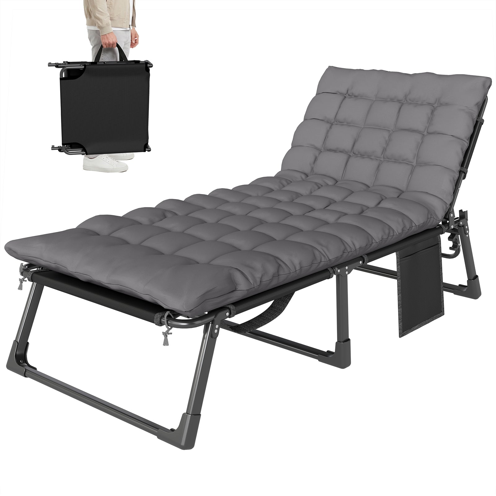 Folding Sun Lounger, Oversized Camping Bed | Set of 1 | Grey