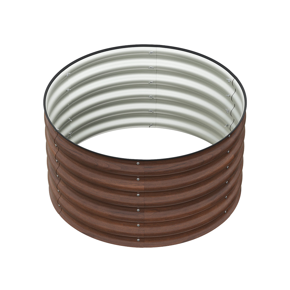 80cm Dia X 43cm H Brown Wood Grain Round Metal Raised Garden Bed Outdoor Planter Box