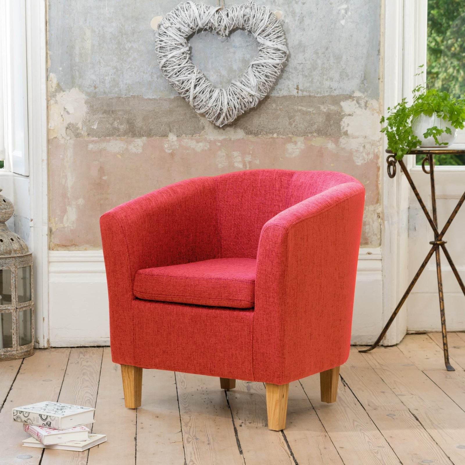 Alderwood 68cm Wide Hessian Fabric Tub Chair With Pine Coloured Legs | Red