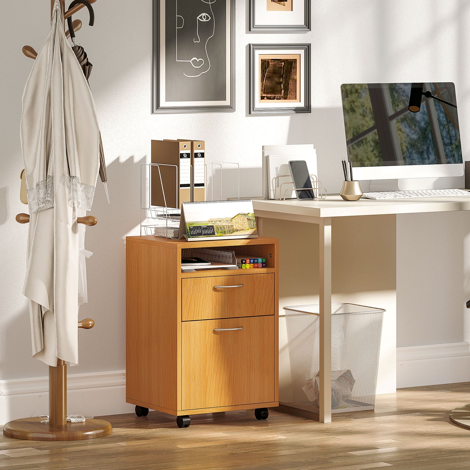60cm Filing Cabinet With Drawers And Open Shelf | null | Natural