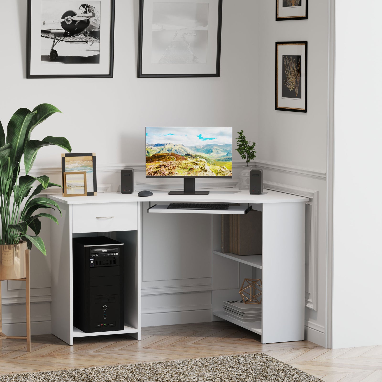 L-shaped Corner Computer Desk W/ 2 Shelves Worktop Keyboard | White