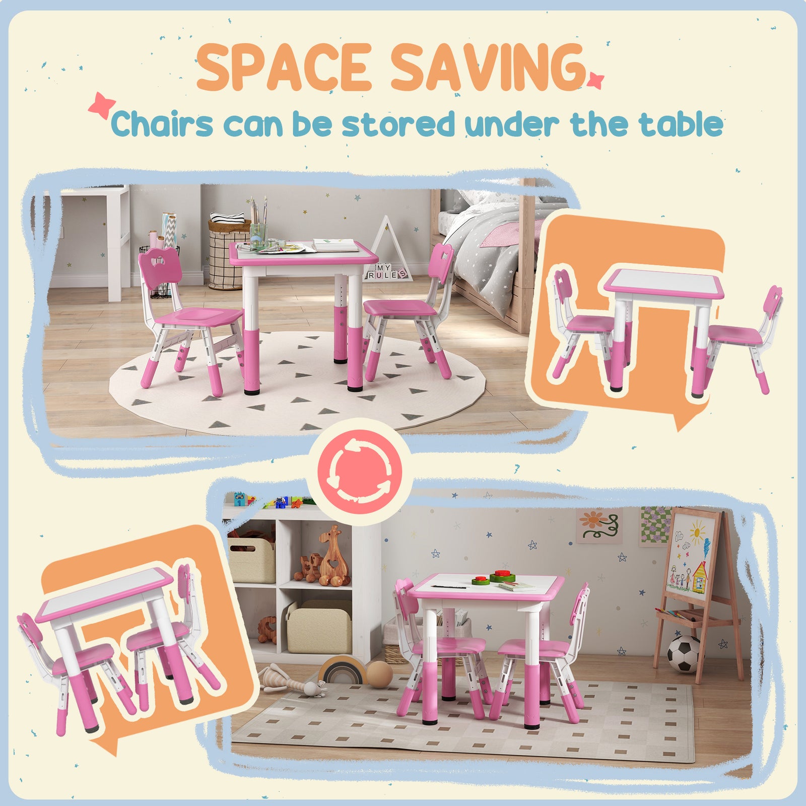 3 Pcs Height Adjustable Kids Table And Chair Set For Playroom | Pink
