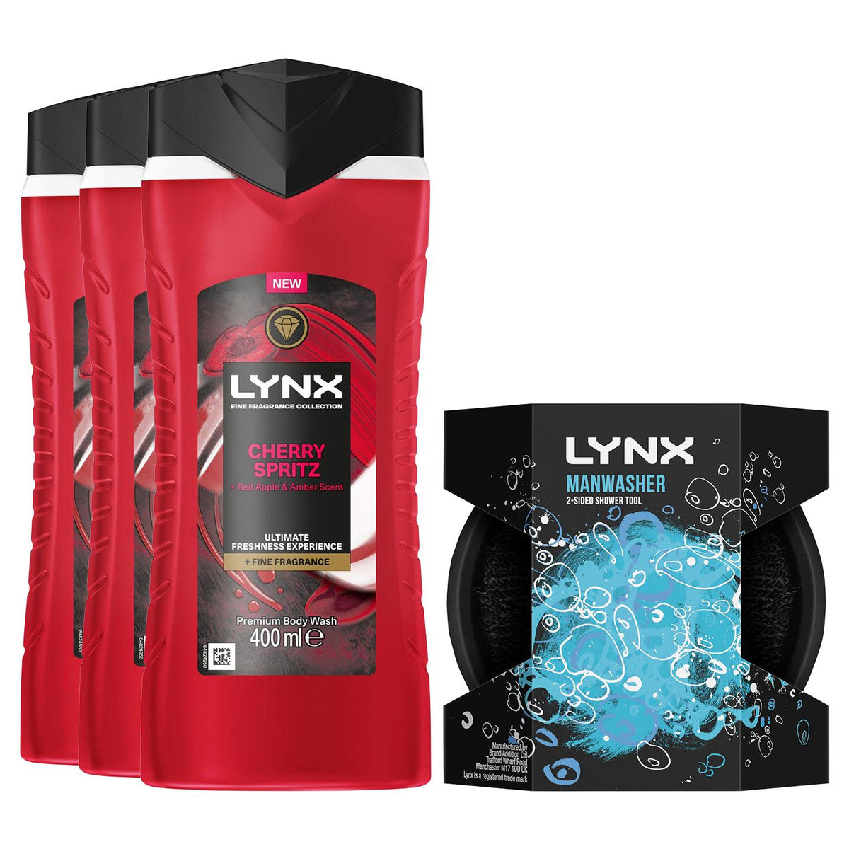 Cherry Spritz Body Wash 400ml With 2-sided Manwasher Shower Tool | Set of 3