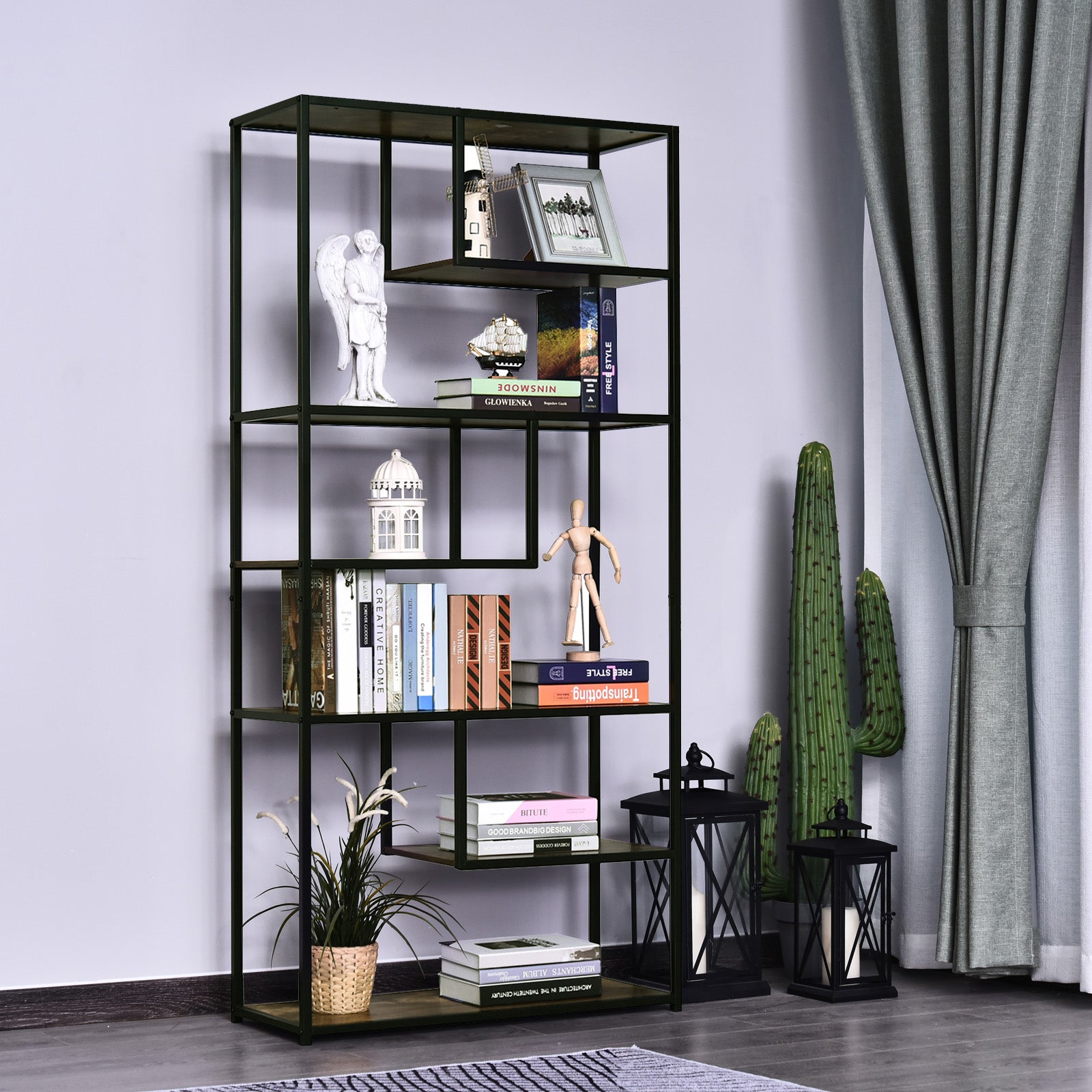 Wood Bookshelf Industrial Style 6 Tier Display Rack