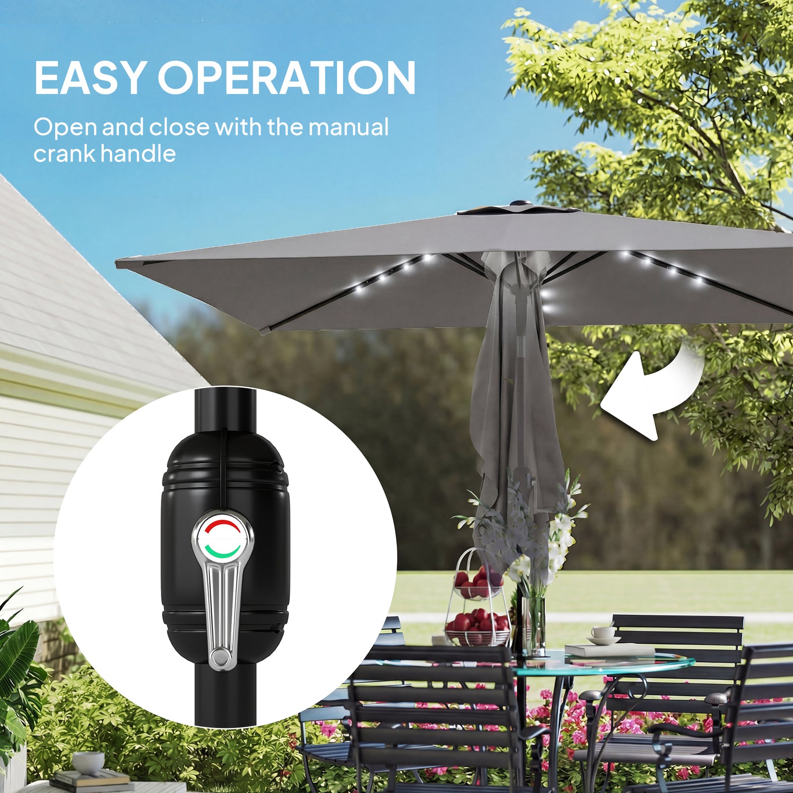 3 X 2 M Garden Parasol Umbrella With Light, Outdoor Patio Umbrella | Dark Grey